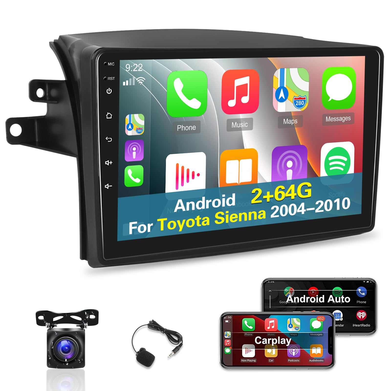 [2+64G] Android 13 Car Radio for Toyota Sienna 2004-2010 - Wireless Carplay and Android Auto - 9 Inch Touch Screen Car Stereo with Multiple UI/WiFi/GPS/SWC+ AHD Backup Camera