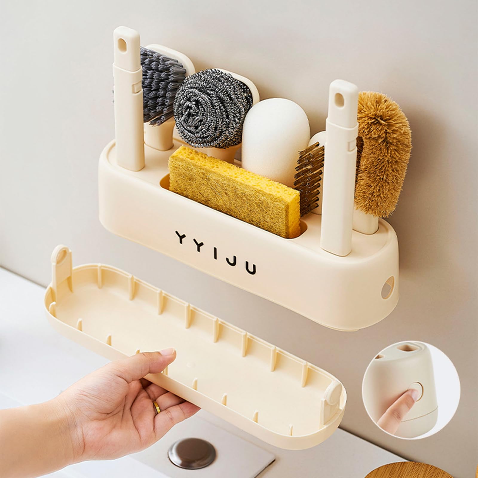 Juego de cepillos de cocina con soporte, base de almacenamiento, esponja y juego de estropajo para fregadero, estufa, utensilios de cocina, encimera, cepillo de baño, fregadero, fregadero