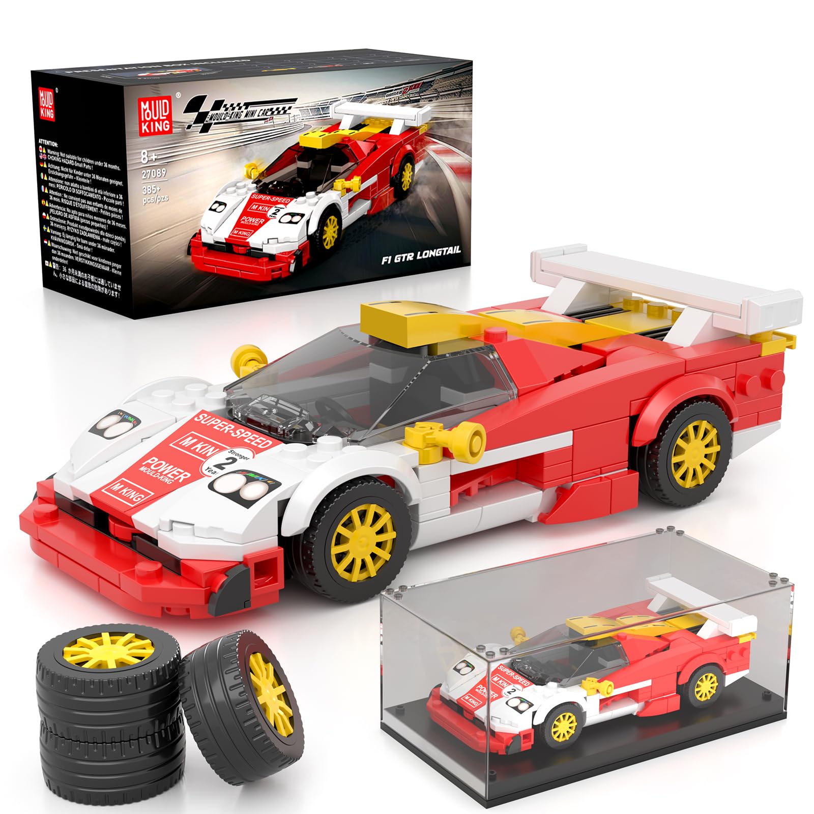 Mould King 27089 Technik Speed Champion Klemmbausteine Auto GTR LT Rennwagen Supersportwagen Bausteine Set mit Acryl Vitrine Sammlerstücke Geschenke für Erwachsene(385 Teile)