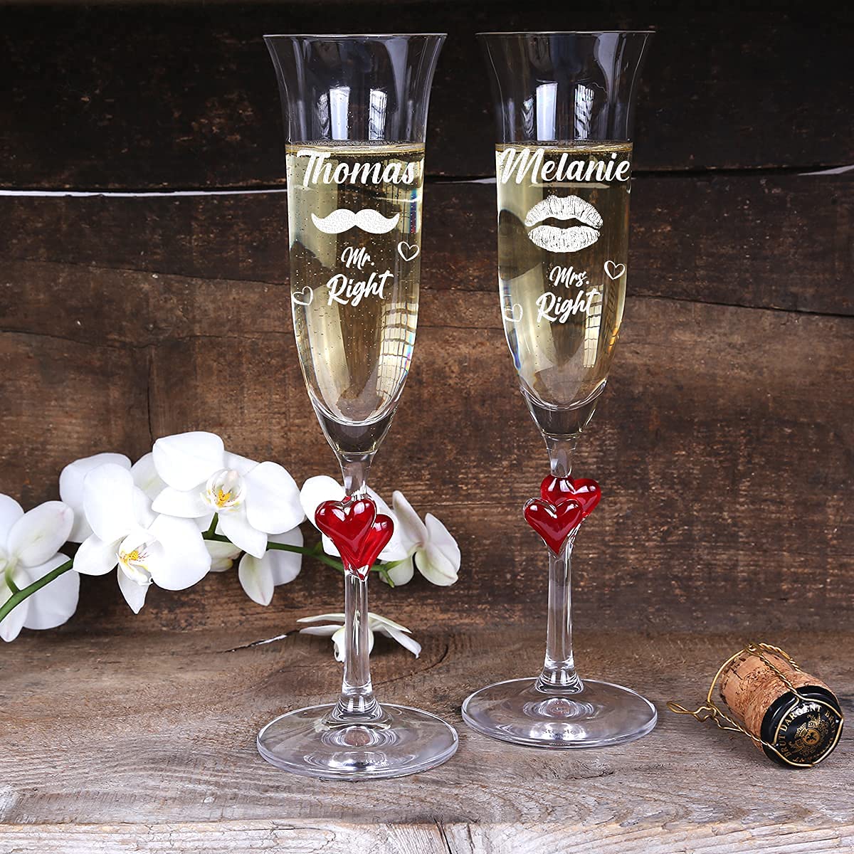 3 pezzi regalo per matrimonio con 1 disco albero da 16 a 19 cm e 2 bicchieri da spumante – con incisione personalizzata – per coppie di innamorati, matrimonio, motivo Mr. & Mrs. Right