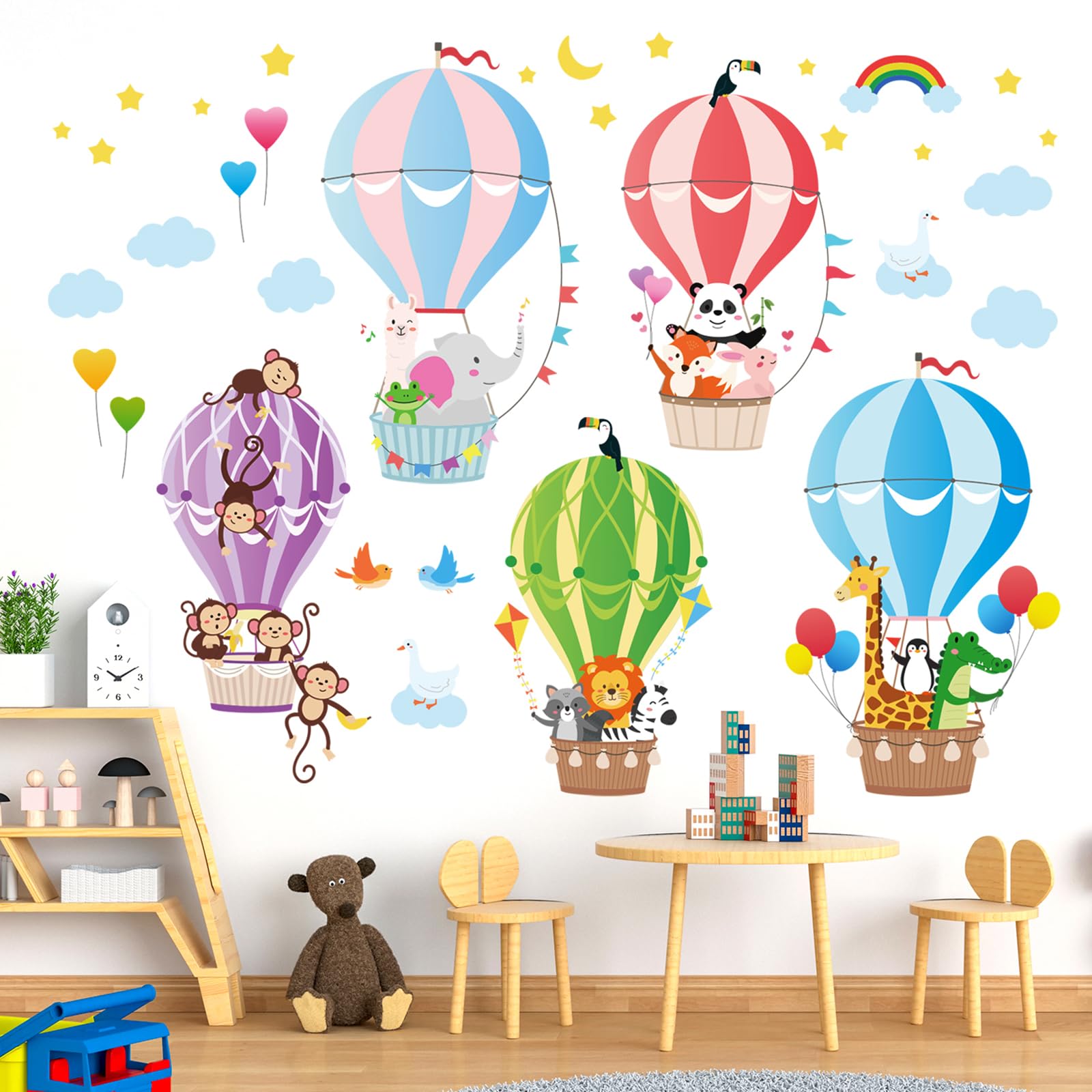 BASHOM BS-104 Animals in Hot Air Balloons Kids Wall Stickers Elephant Giraffe Monkey Decals Removable for Baby Nursery Bedroom Living Room Playroom