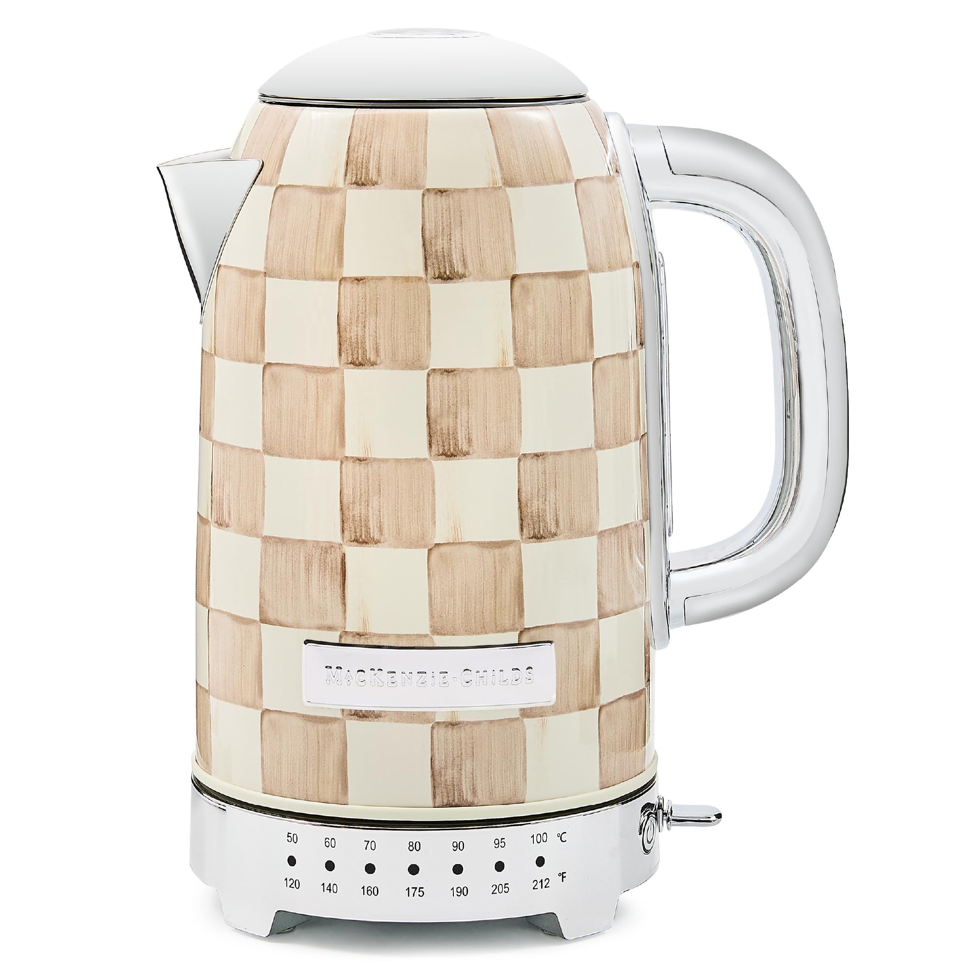 MACKENZIE-CHILDS Electric Kettle, 8 Cups, Brown-and-White Mocha Check | Hand-applied design, made from stainless steel with a chrome-plated handle, ideal for coffee, tea, and other hot beverages