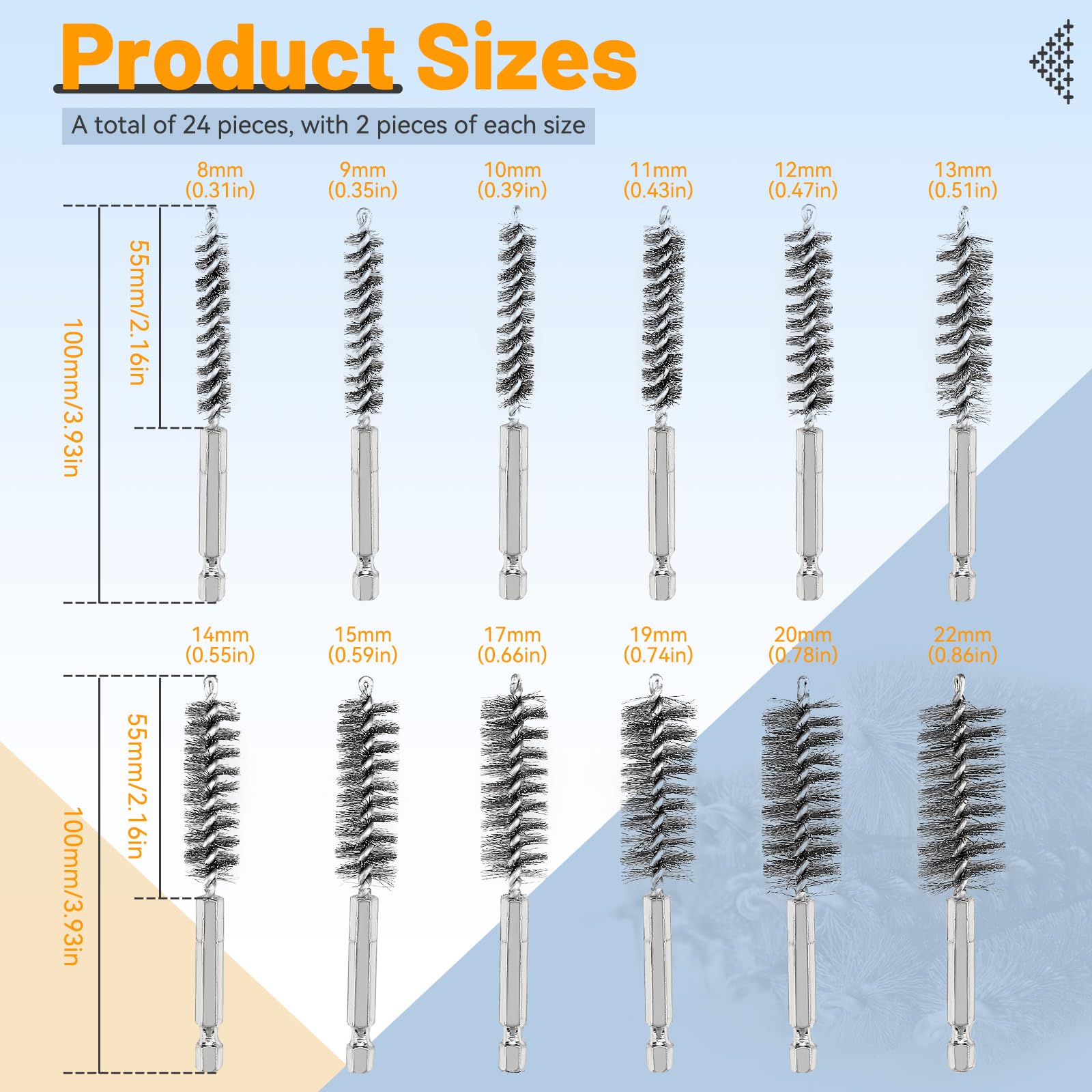 24 Stück 12-Größe Edelstahl Bohrbürste Set, 4 Zoll Länge mit 1/4 Zoll Hex Shank - Mehrzweckbohrer Reinigungsbürste Passt Bohrer, Schlagtrieber & Schleifmaschinen (8/9/10/11/12/13/14/15/17/19/20/22mm)