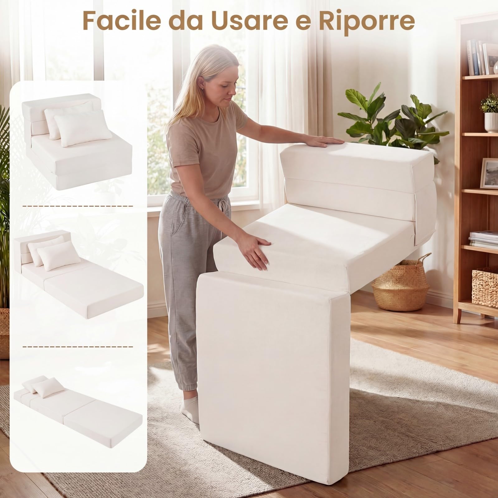 COSTWAY 3 in 1 Divano Letto Pieghevole, Poltrona Letto Convertibile con 2 Cuscini, Divano a 2 Posti in Tessuto Chenille, per Soggiorno Camera da Letto Ufficio (Beige,S)