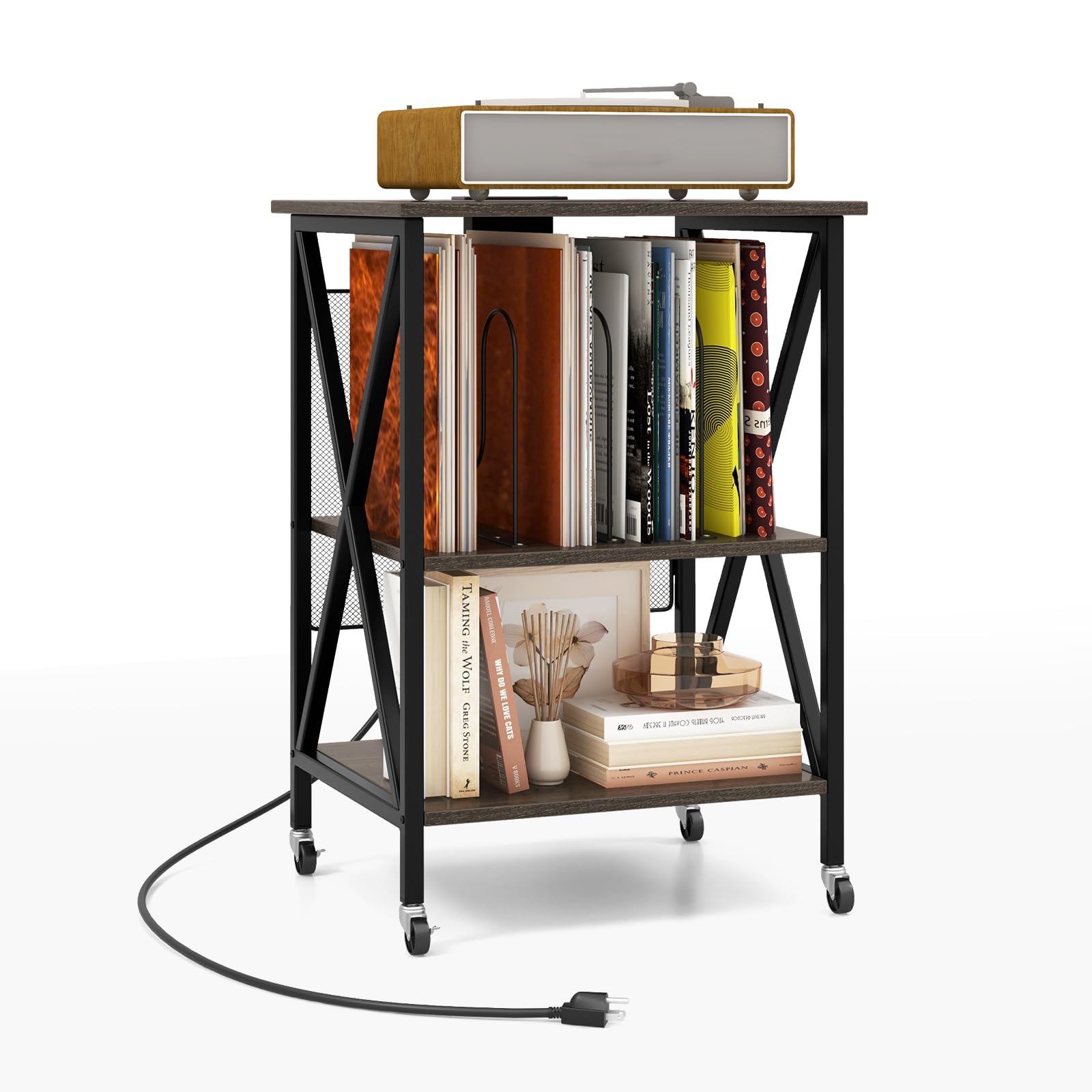 Meuble Pour Platine Vinyle Avec Station De Charge – 3 Étagères + 1 Armoire, Rangement Jusqu'à 220 Albums, Dimensions 80x40x65 Cm