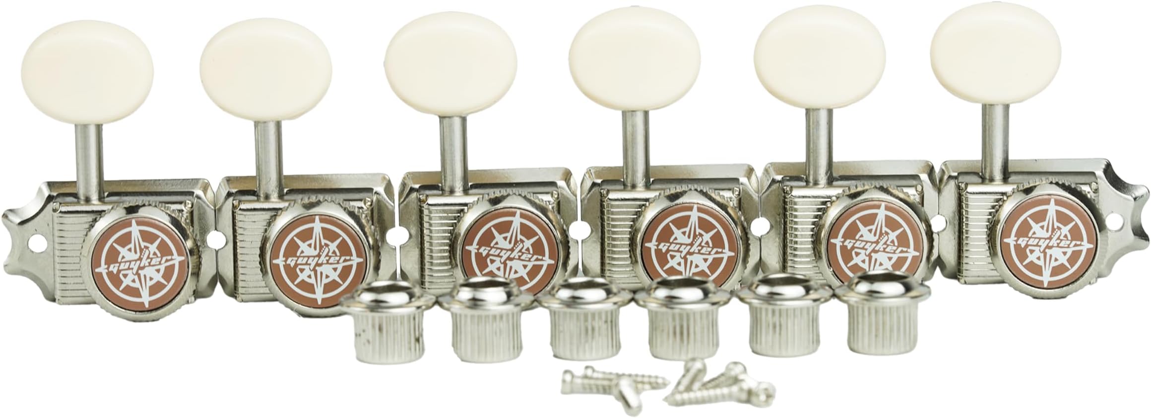 Guyker 6 Inline Vintage Guitar Lock String Tuners – Locking Tuning Key Pegs Machine Heads Replacement Parts for ST TL Style Electric, Folk or Acoustic Guitars – Nickel, Cream Handle