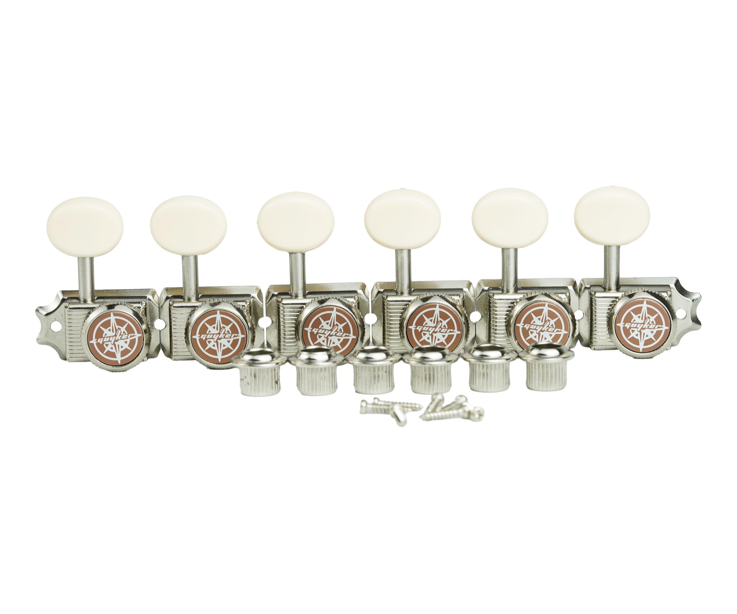 Guyker 6 Inline Vintage Guitar Lock String Tuners – Locking Tuning Key Pegs Machine Heads Replacement Parts for ST TL Style Electric, Folk or Acoustic Guitars – Nickel, Cream Handle