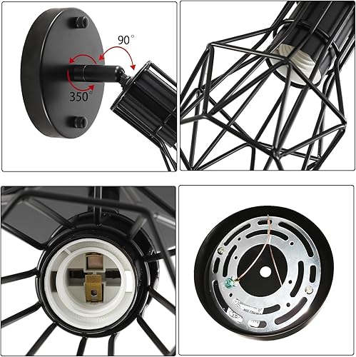 Miniatura 3 de Juego de dos apliques de pared industriales con cableado, pequeños apliques de iluminación de pared de jaula de alambre de granja, luces de pared