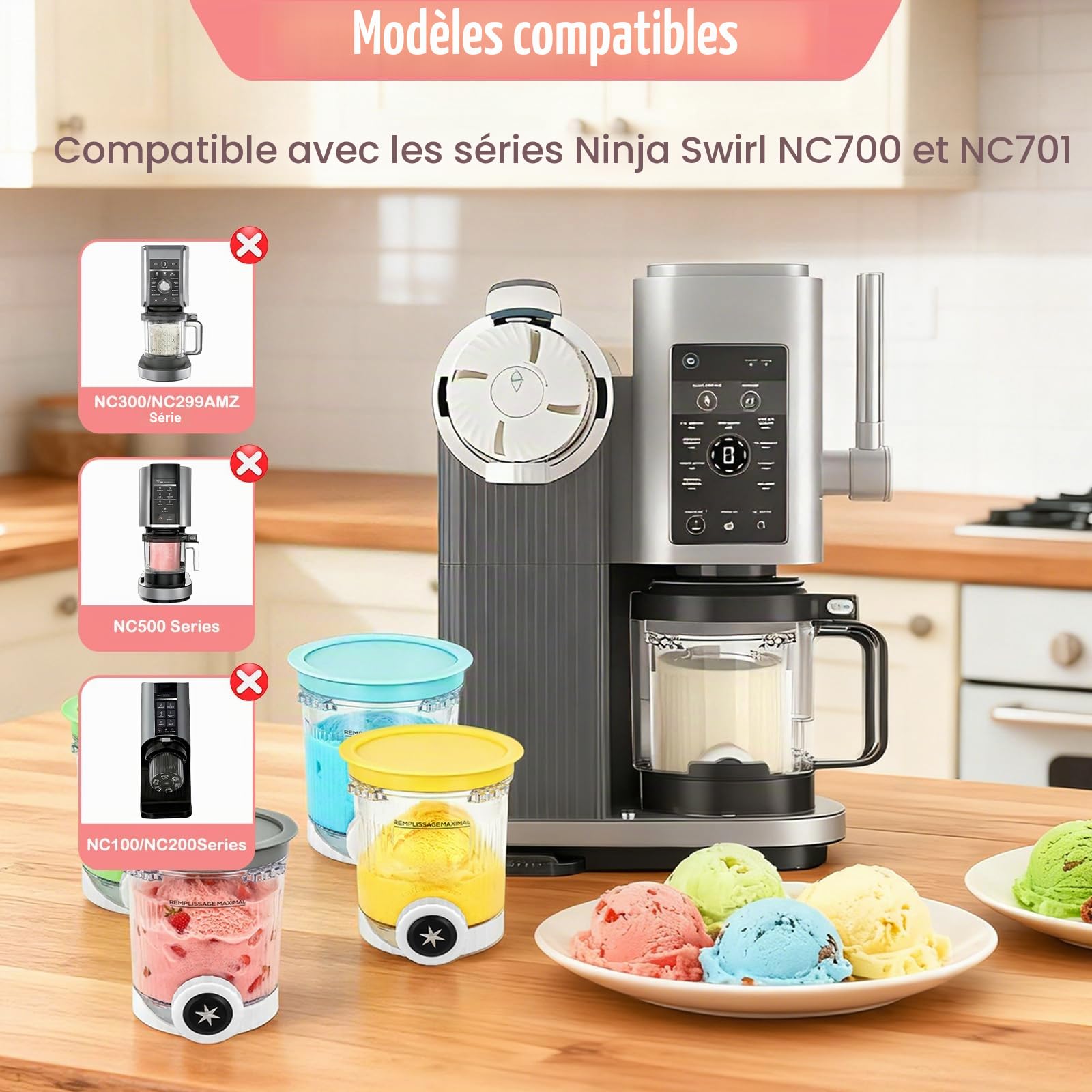 Lot de 4 Pots pour Ninja Ice Cream Swirl Pot Creamy Deluxe pour ninja Creami pour NC700 NC701 Series Accessoires pour Ninjas Machine à Glace Sans BPA et Lave-vaisselle