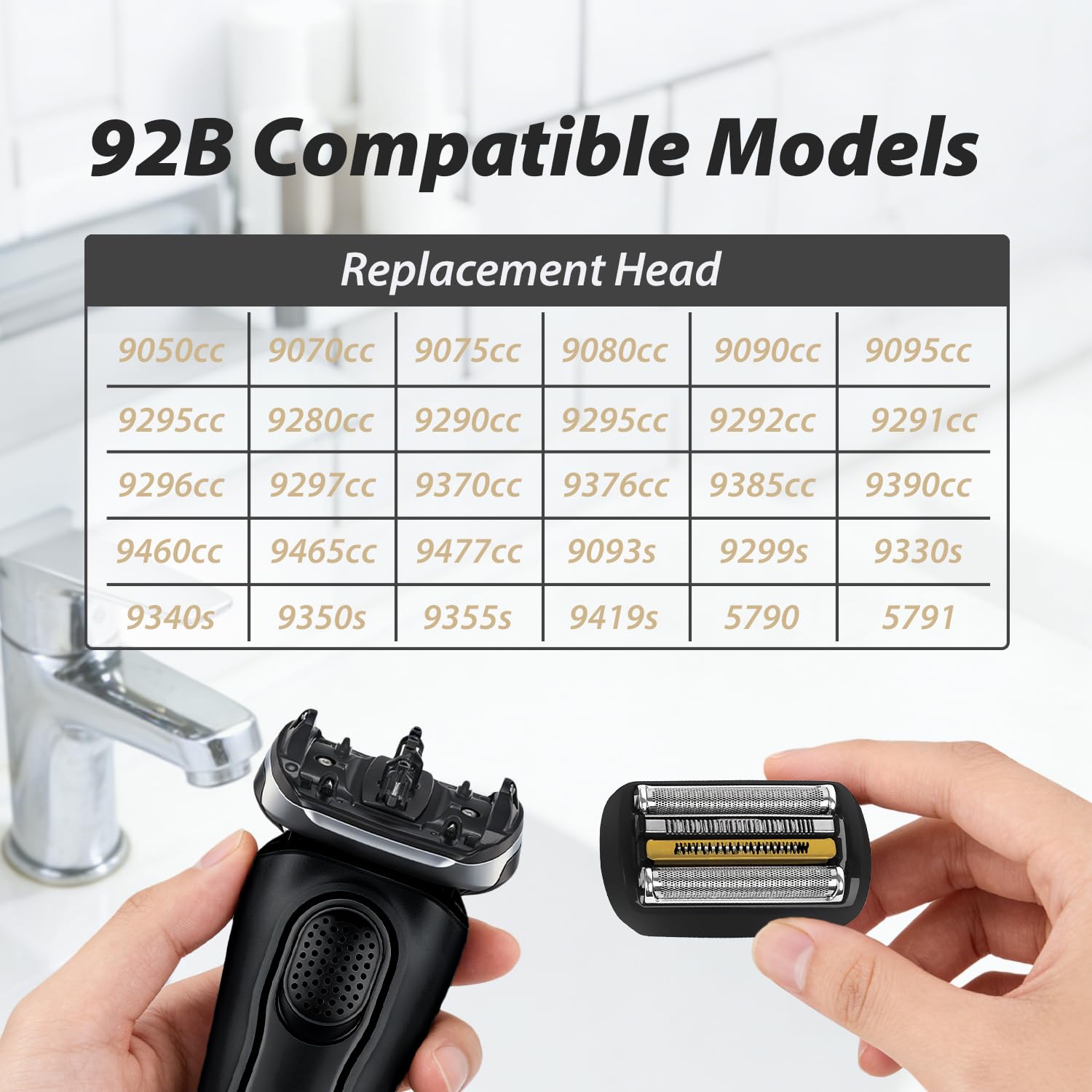 Ersatzrasierköpfe 92B kompatibel mit Braun Series 9 Scherkopf – 5-Klingensystem, schwarz, kompatibel mit den Modellen 9290cc/9291cc/9370cc/9293s/9385cc/9390cc/9330s/9296cc