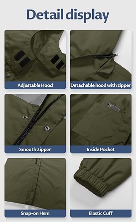 CREATMO US Men's Long Rain Coat Waterproof Packable Rain Jacket Outdoor Lightweight Windbreaker with Hood