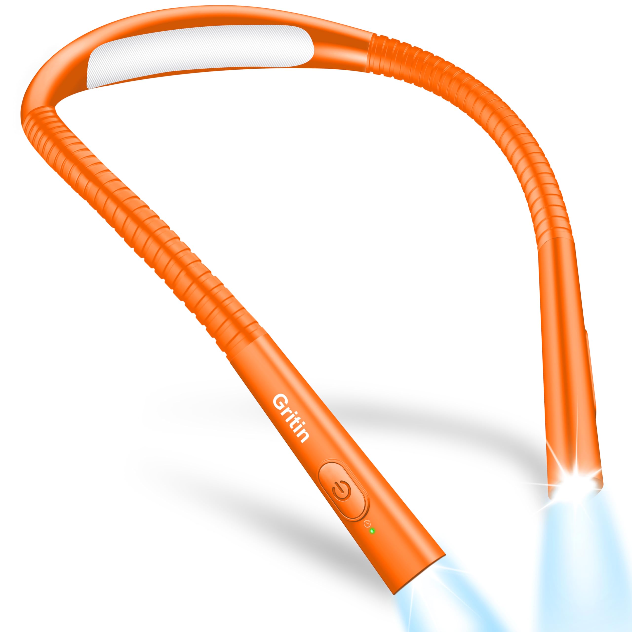 Gritin Book Light, Rechargeable Neck Light for Reading - 4-Color&5-Brightness,Bendable Arms,30-min Timer,80+ Hrs Runtime,Neck Curve Fit Ergonomic Design, Comfortable for Camping,Repairing etc-Orange