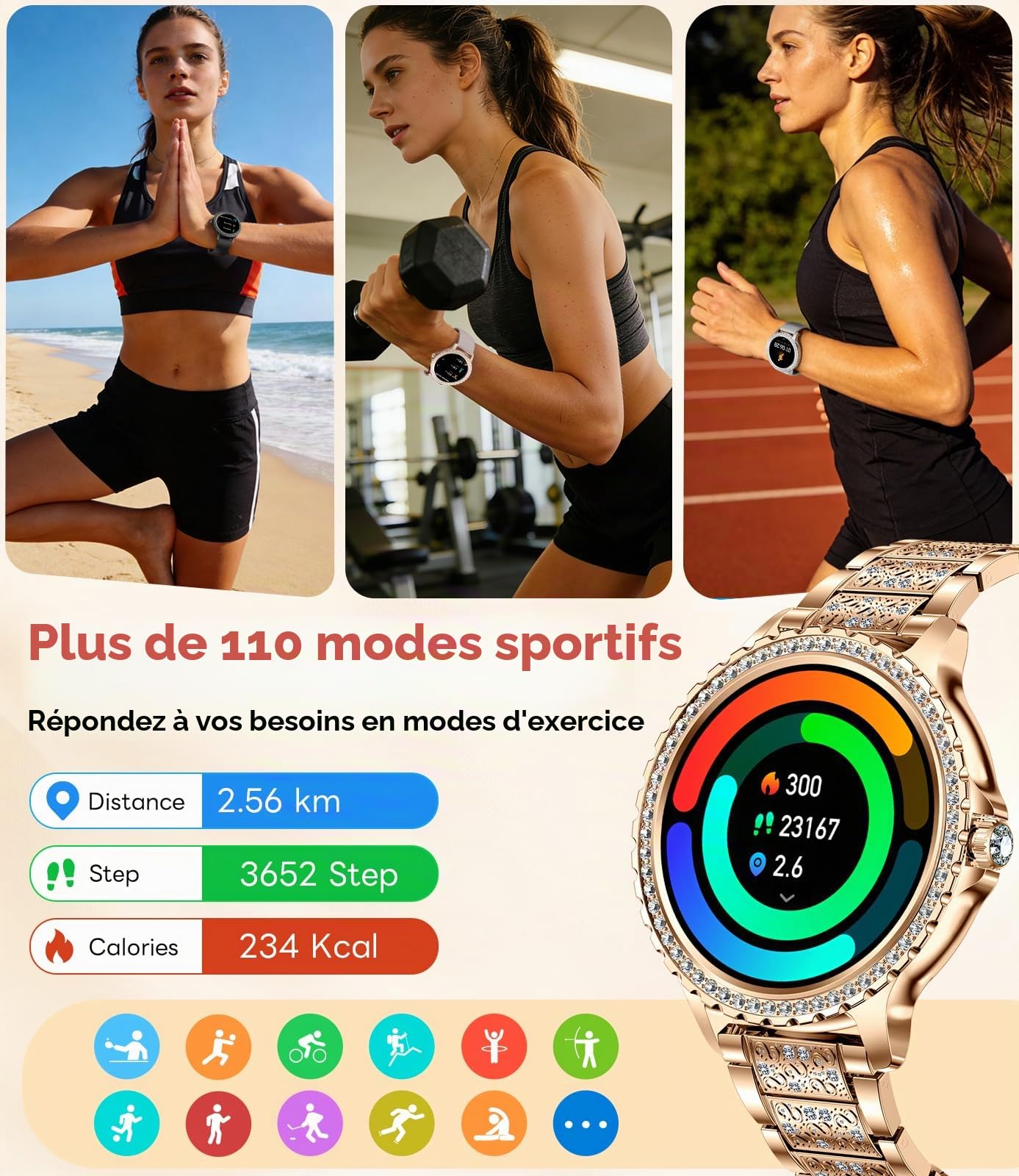 Élégante Montre Connectée Femme avec Diamant, 1.32" Smartwatch pour Android iOS, Cycle Menstruel/Sommeil/Fréquence Cardiaque, 500+ Cadrans, Appel Bluetooth, 2 Bracelets, Or Rose