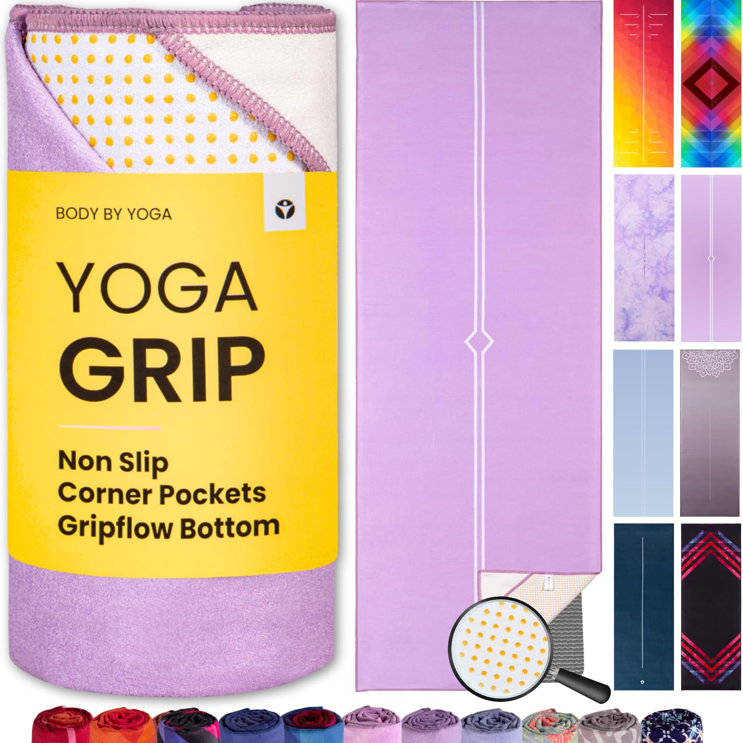 Yoga Grip Yoga Towel - Non Slip Hot Yoga Mat Towel With Corner Pockets No-Skid Grip and Built-in