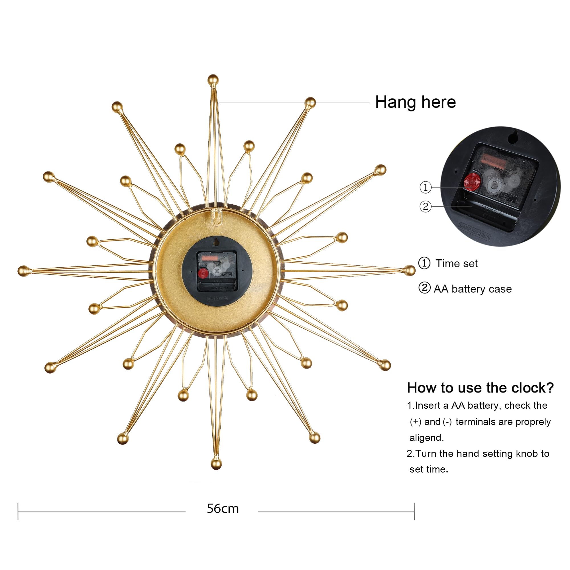Lafocuse Gold Wanduhr Groß Metall, Kreative Design Lautlos Wanduhr Modern, Ohne Ticken Art Deko für Wohnzimmer Schlafzimmer Küche 56cm