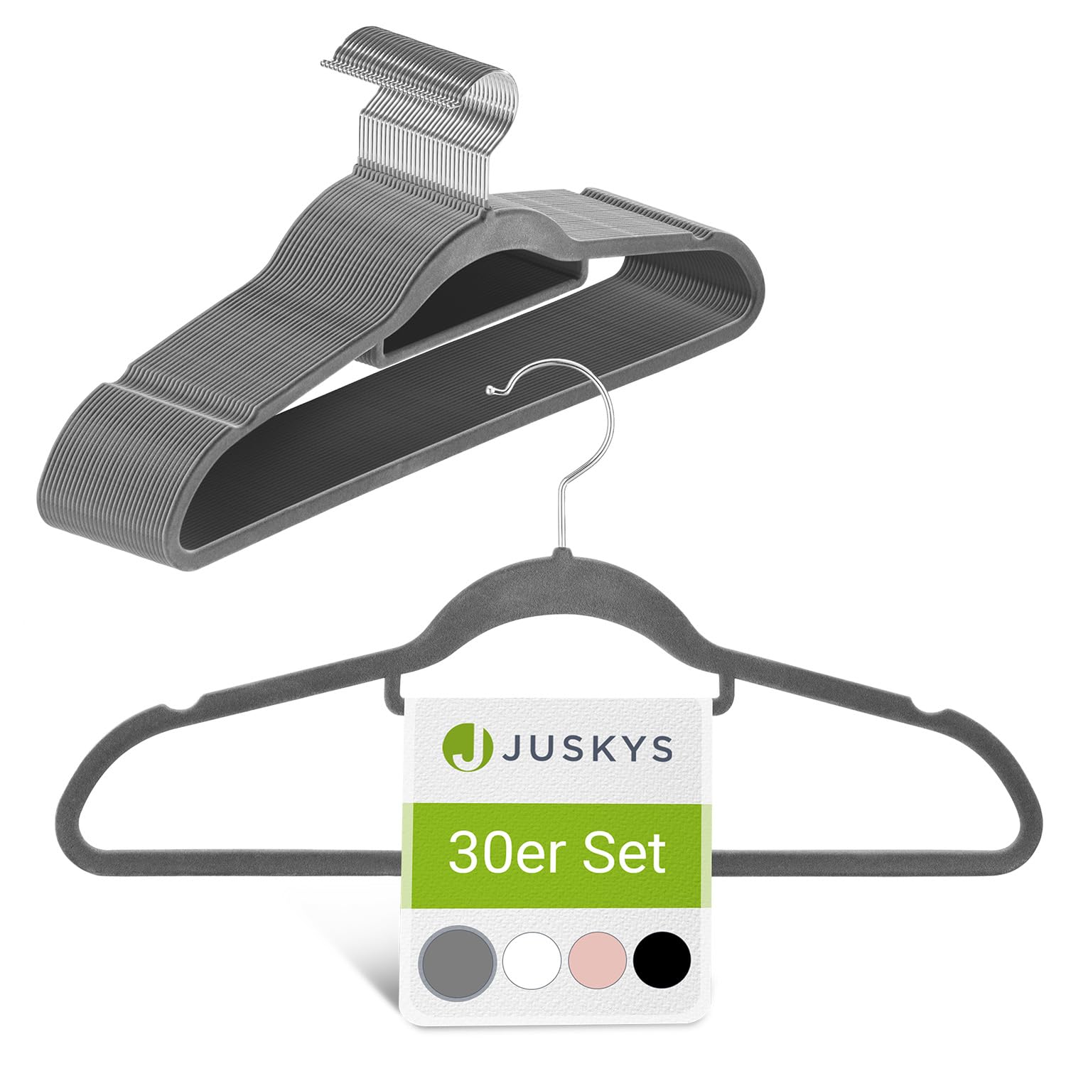 Juskys Kleiderbügel Samt 30er Set - Bügel rutschfest, schmal, platzsparend - Samtbügel beflockt - Haken drehbar - 30 Stück Aufhänger Grau