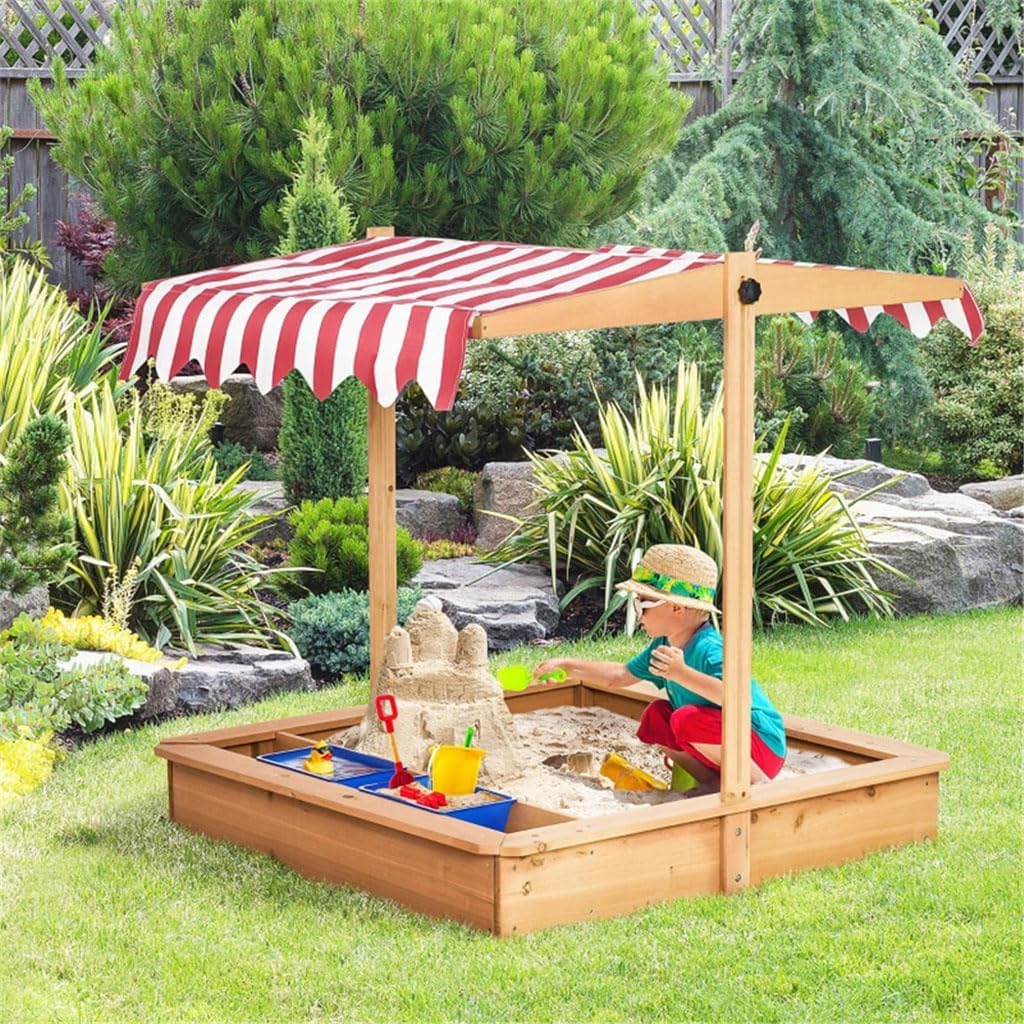 Sand Boxes for Kids Outdoor Wooden Sandbox with Adjustable Canopy and 2 Plastic Basin Sand Pit for Beach Patio Outdoor Sand Box Kids Outdoor Play Equipment Sand Protection Bottom Liner