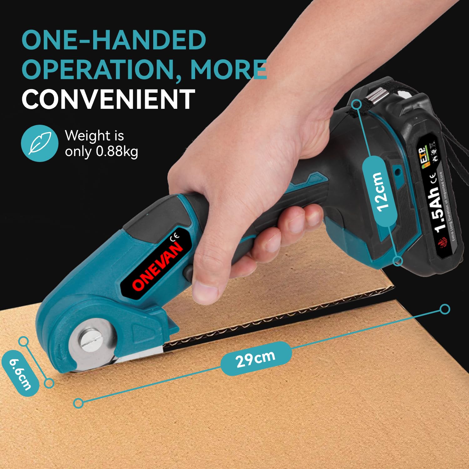 ONEVAN Akku Universalschere 20V Elektrisch Akkuschere mit Selbstschärfender Klinge, 7mm Schnitttiefe, Kartonschneider für Stoff/Teppich/Karton, 300 U/min Kabellose Schere mit 2x1.5Ah Akku