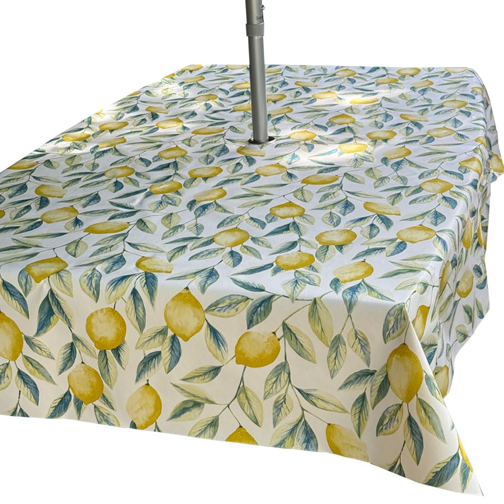 Rosie Lane Yellow Outdoor Wipe Clclean Tablecloth With Parasol Hole, Lemon Print Pvc, Wipeable Waterproof Garden Table Cover