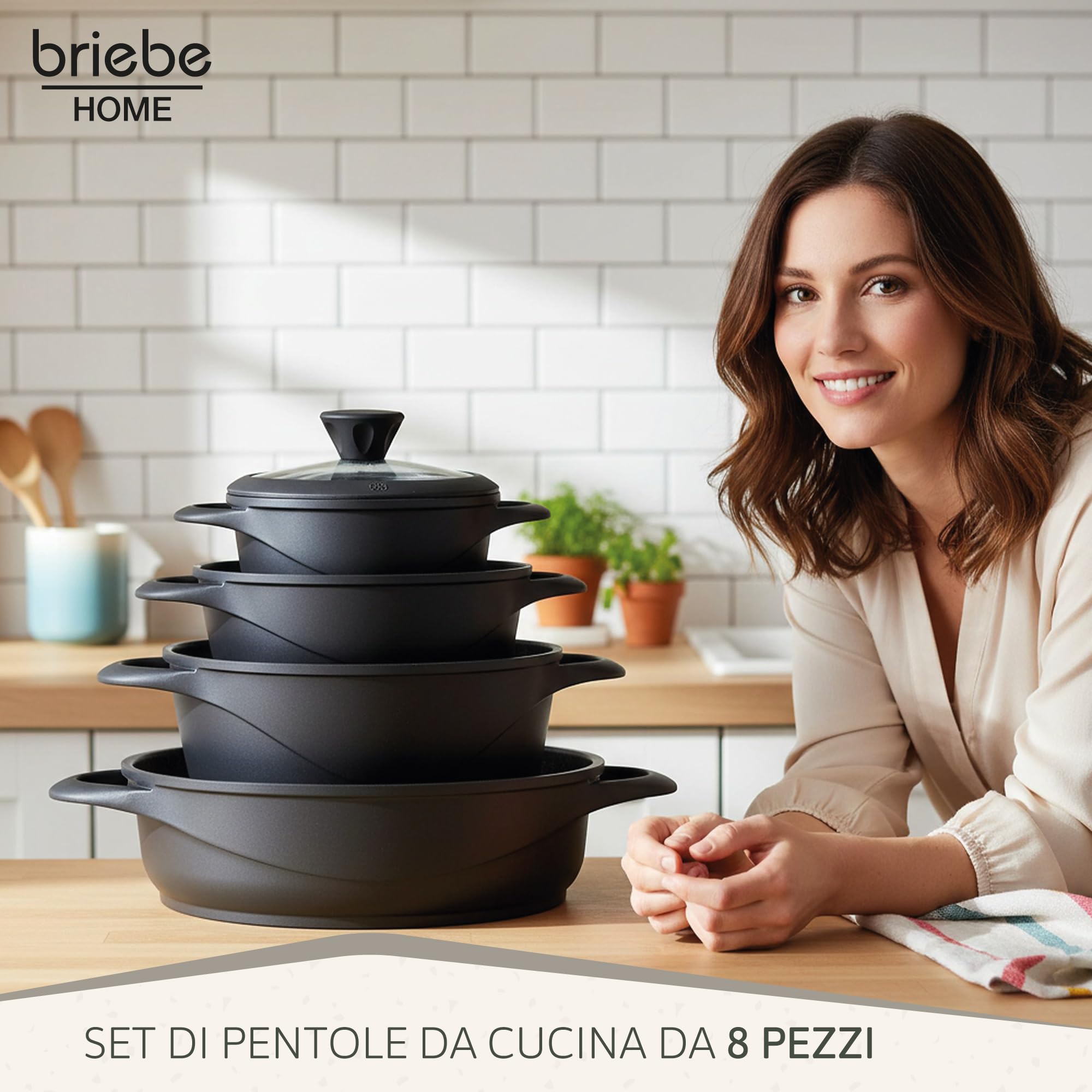briebe Set Pentole Induzione Batteria 8 Pezzi, 4 Casseruola, Alluminio Pressofuso, Antiaderente ILAG GRANITEC senza PFOA, Coperchi in Vetro, Guanti in Silicone, Vetroceramica, Gas, Forno, MGK-17S