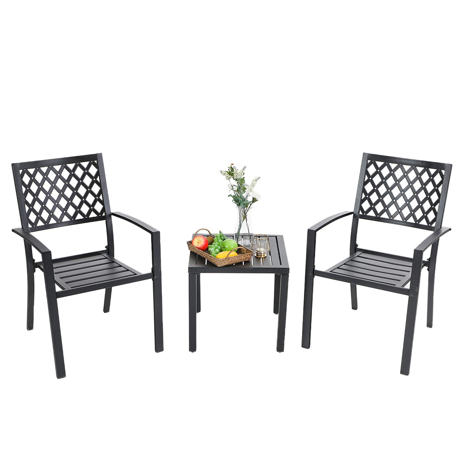 MFSTUDIO Classical Metal Patio Bistro Set,3 Piece Outdoor Dining Furniture with 2 Wrought Iron Mesh Chairs and 1 x Coffee Table for Yard,Black