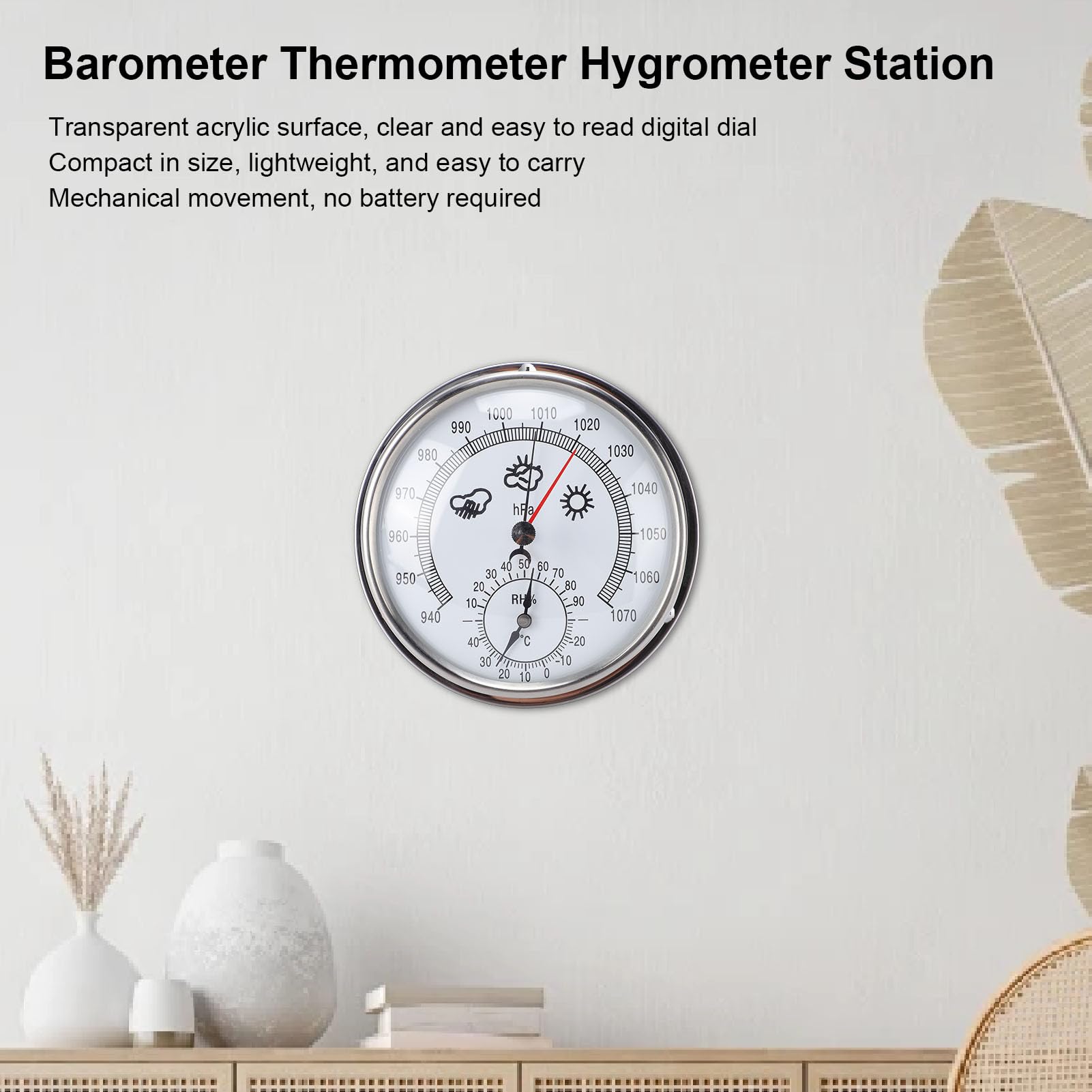 Fockety 3-in-1-Analog-Wetterstation, Wandhängendes Traditionelles Hygrometer-Thermometer-Barometer, Tragbare Wettervorhersagestation aus Edelstahl für Zuhause, Büro, Garten, Garage