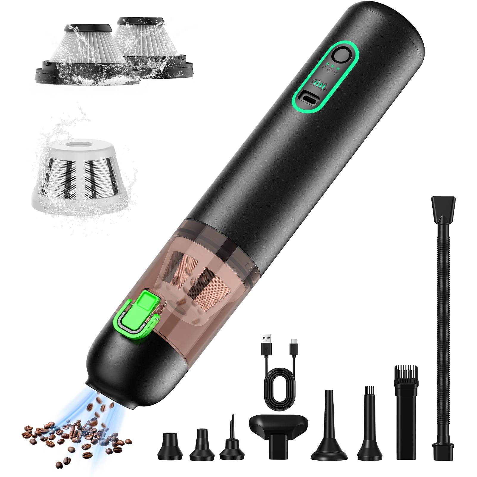 Kabelloser Handstaubsauger, Akku-Autostaubsauger mit hoher Leistung | Kabelloser Staubsauger mit HEPA-Filter, 20000Pa Starke Saugkraft, 4-in-1 Mini Staubsauger für Auto, Tierhaare, Teppich, Sofa