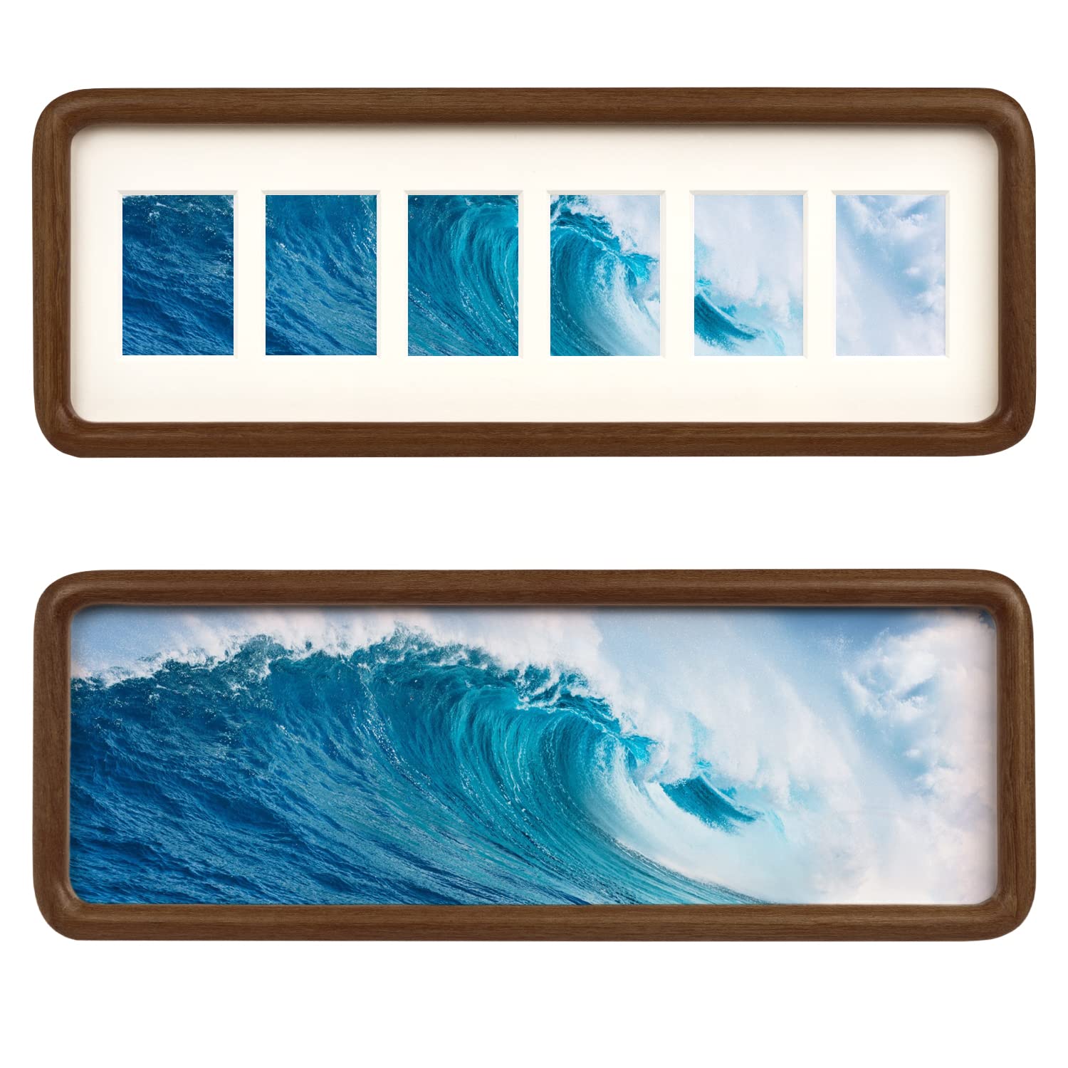 FLECHAZONatural Walnut Wood 4x12 Picture Frame Collage with 6 Openings, Display (6) 1.5x2.5 Pictures with Mat or One 4x12 Without Mat, Tabletop or Wall Mounting