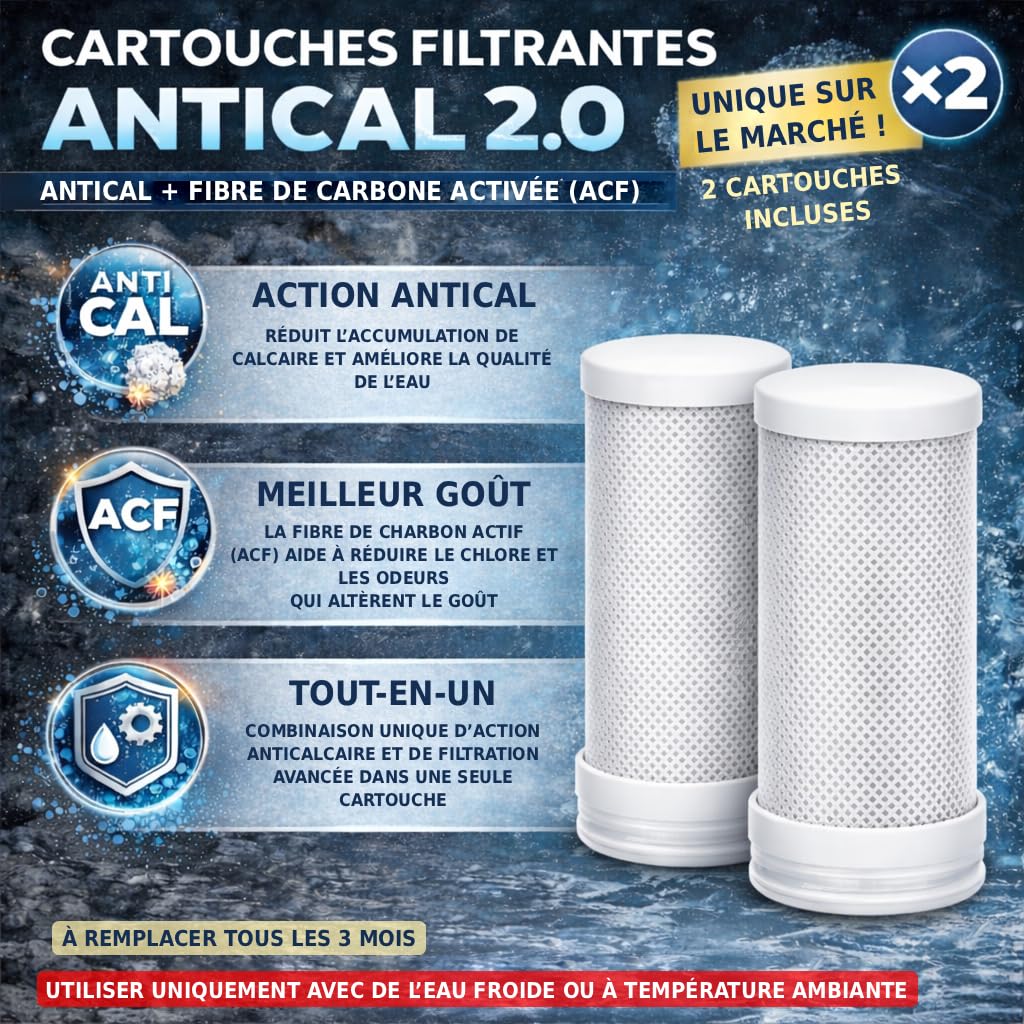 EcoUV - Filtre à Eau pour Robinet avec Technologie UV Brevetée Autogénérée, 2 Cartouches Double Action (Antical + Fibre de Carbone) Incluses, Élimine Calcaire, Chlore, Bactéries et Impuretés