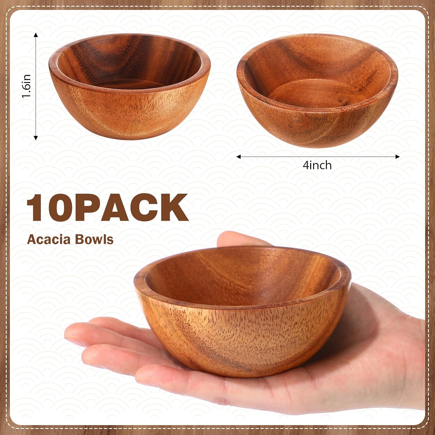 10 Pcs Acacia Wood Small Bowls 4 * 1.6 Inch 8 oz Hand Carved Round Wooden Salad Kitchen Mini Bowls Calabash Dip Tray Charcuterie Accessories for Serving Dipping Condiments Sauce Salsa Candy Nuts