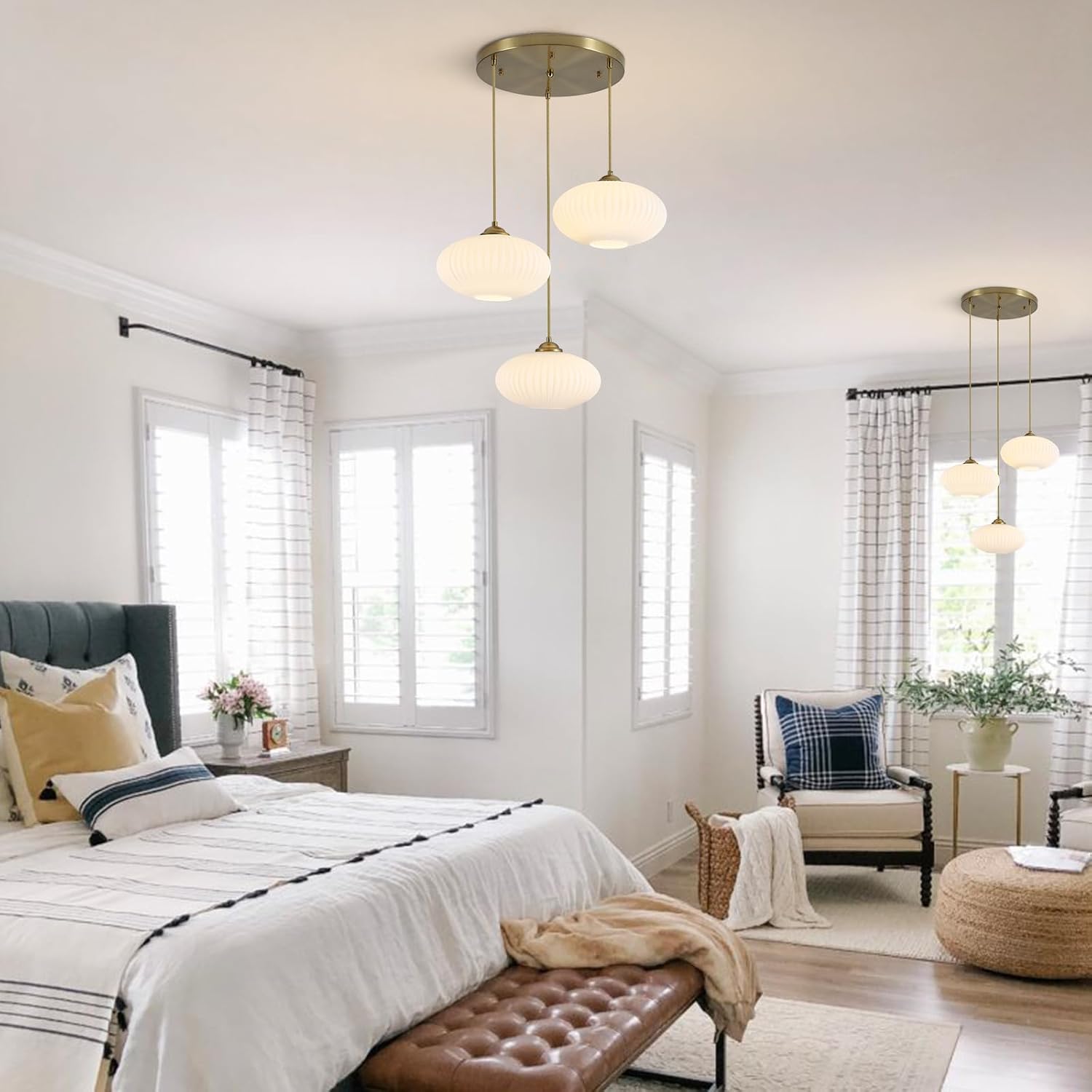 BOKT Brushed Brass Globe Pendant Lighting Large 3-Light Milk Glass Chandelier Gold Adjustable Hanging Cord Cluster Pendant Lighting Mid Century Vintage Ribbed Ceiling Hanging Light for Living Room