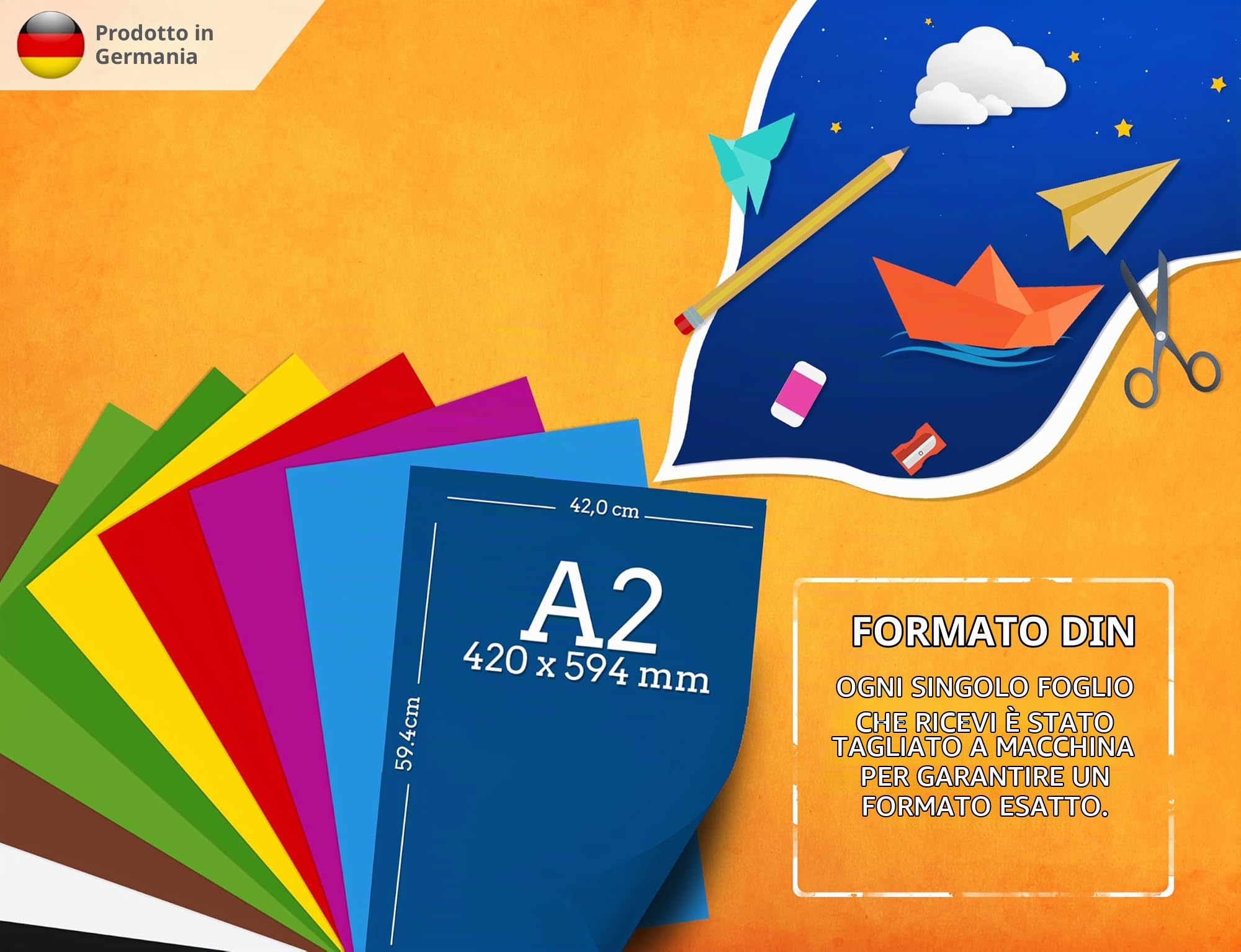 50 fogli di CARTA COLORATA DIN A2 - set di cartone fotografico 300 g/m² 10 colori - carta artigianale e fogli di cartone colorati, fogli per bambini e fai da te, regali, creatività, MADE IN GERMANY