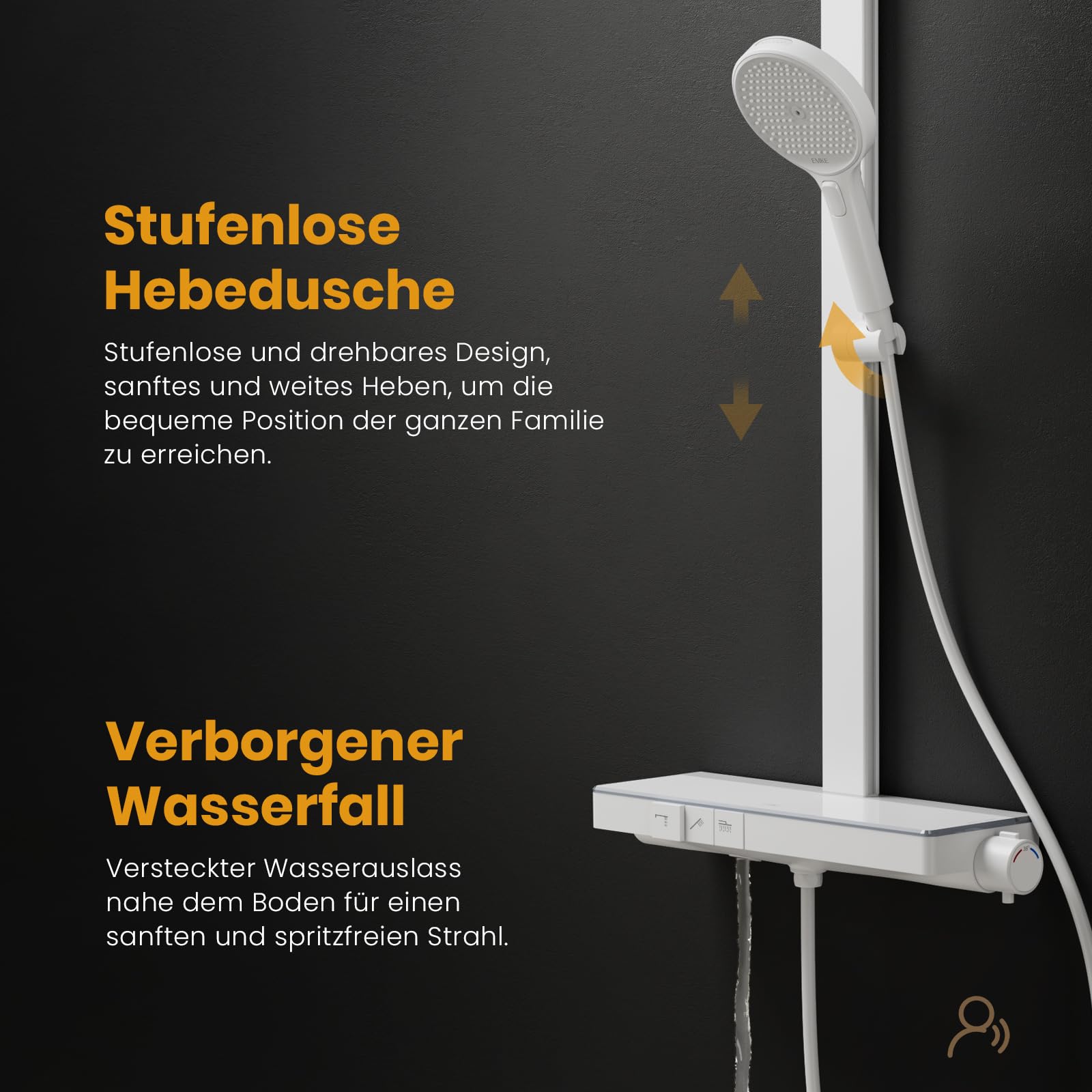 EMKE Duschsystem mit Thermostat – 36 x 24 cm Regendusche mit Armatur, Duschset mit 40 cm Glasablage & Handbrause (4 Strahlarten), höhenverstellbar Komplettset mit Regendusche, Weiß Matt