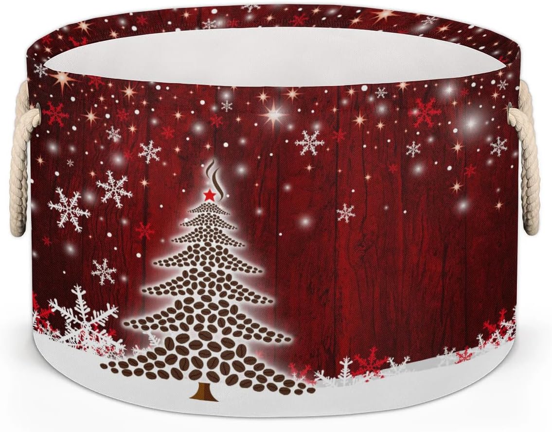 Christmas Tree Coffee Beans Laundry Basket,Large Round Storage Baskets Bin Boxs,Collapsible Laundry Hamper for Kids Toy Blanket Dirty Clothes Towel Living Room Nursery Storage Organizer Home Decor