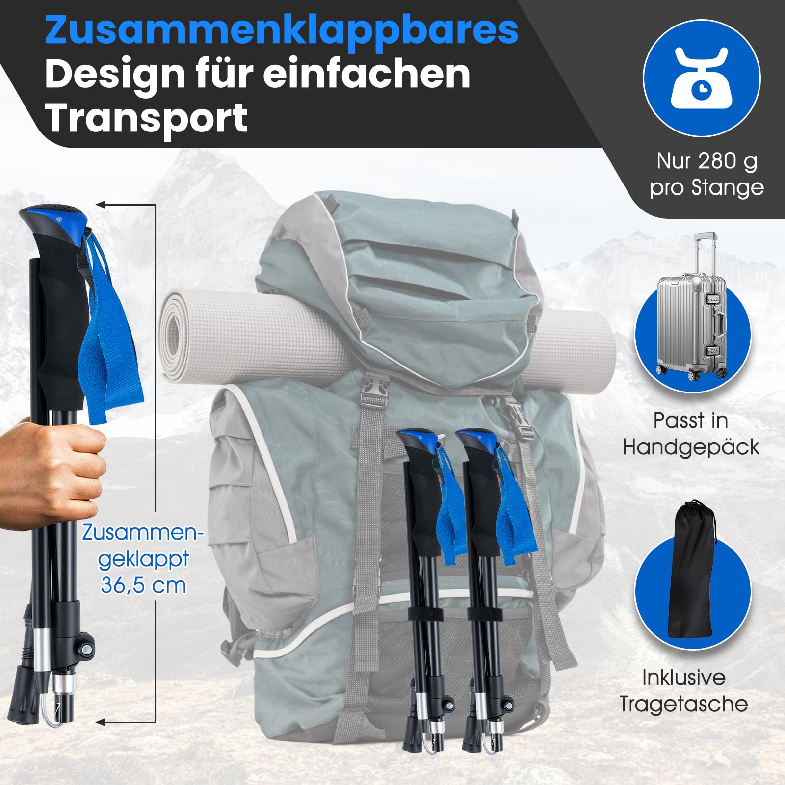 COSTWAY Wanderstöcke faltbar 7075 Aluminium, Nordic Walking Stöcke für Damen und Herren, Teleskop Trekkingstöcke zum Wandern, Trekking und Skitouren