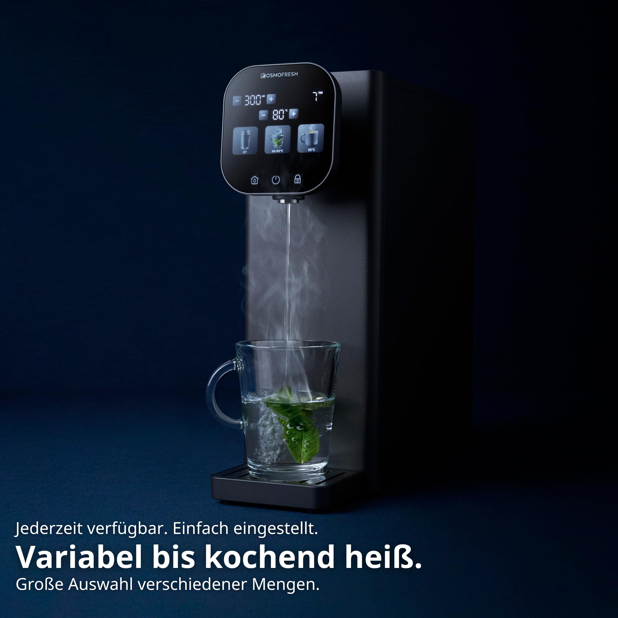 OsmoFresh Auftisch Osmoseanlage Fusion Stream | Heißwasserspender | Variable Temperatur | 7-Fach Umkehrosmose Filterung | leitungsgebunden | TÜV Zertifiziert | 3X UV