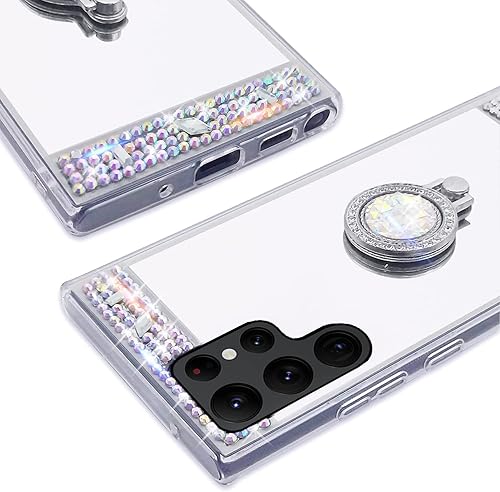 Miniatura 6 de LUVI Compatible con Galaxy S22 Ultra - Funda de espejo de maquillaje con diamantes de imitación con soporte de anillo, soporte de soporte, linda