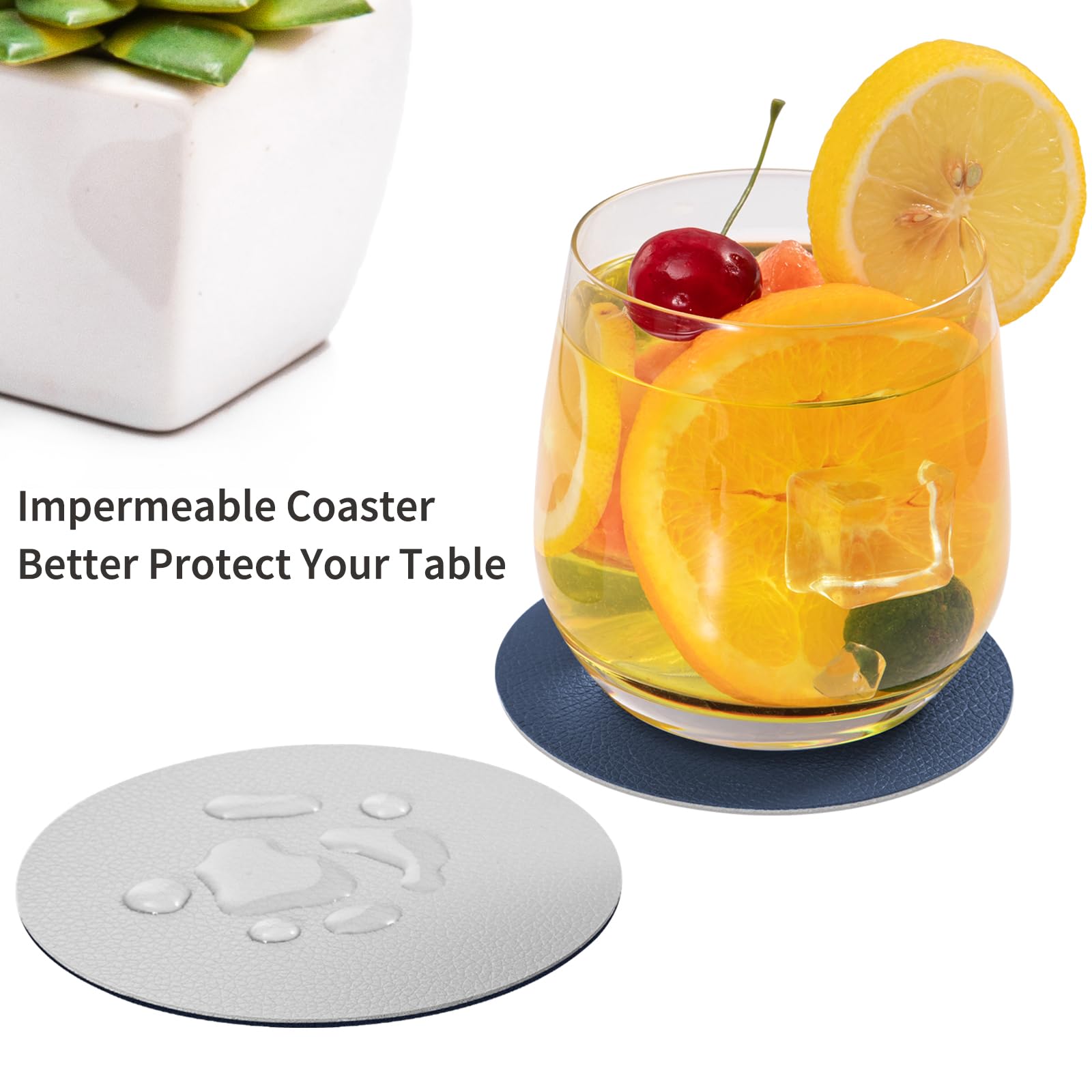Chitomars Faux Leather Drink Coasters with Holder, Dual Sided Sets of 12, Blue Grey, Round - Image 2