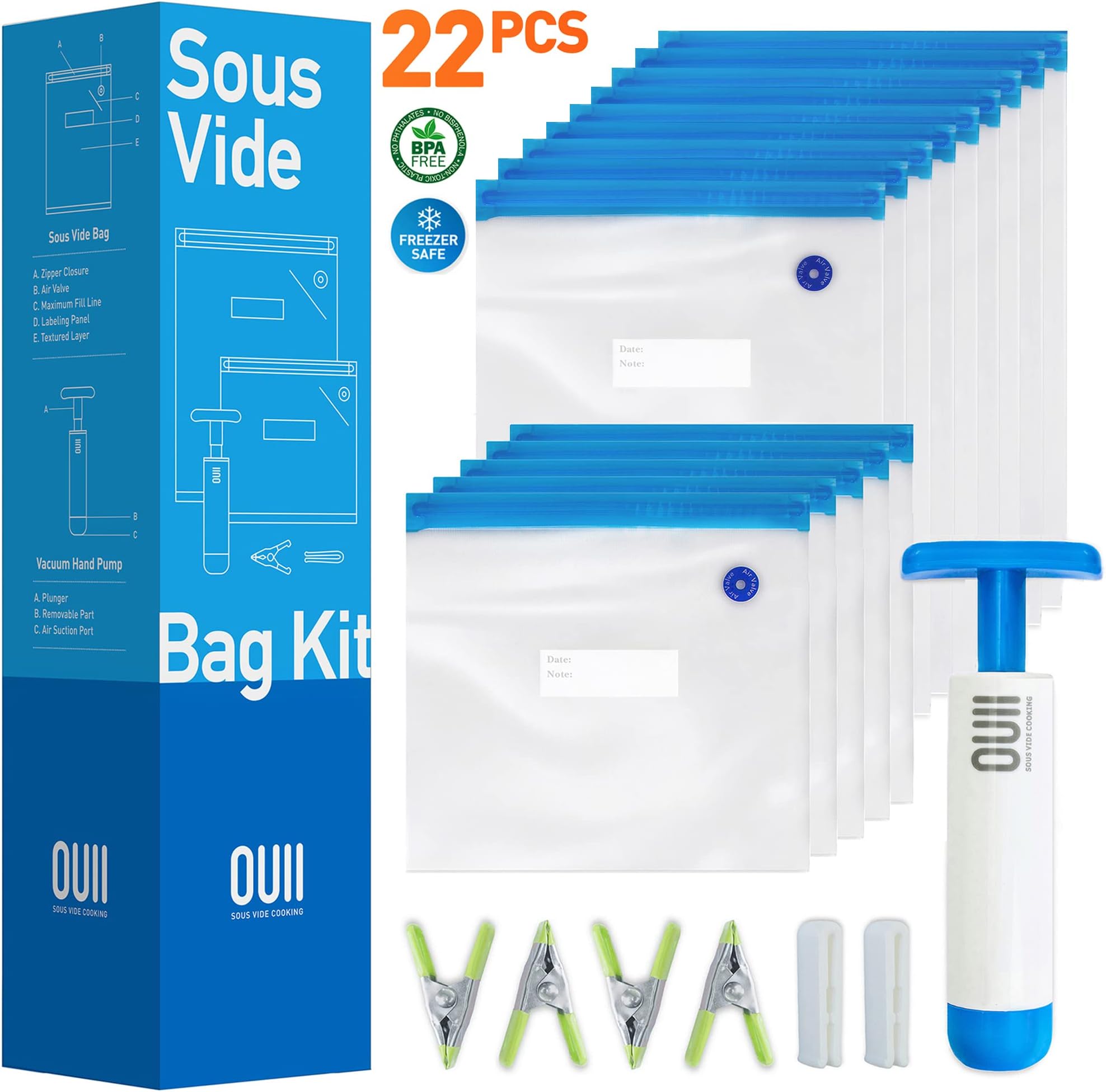 Sous Vide Bags for Joule and Anova Cookers - 15 Reusable BPA-Free Sous Vide Bags with Vacuum Hand Pump in Various Sizes -Vacuum Sealer Bags Food Storage Freezer Safe - Fits Any Sous Vide Machine