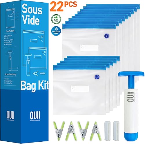 OUII Bolsas Sous Vide para cocinas Joule and Anova 15 bolsas reutilizables sin BPA Sous Vide con bomba de mano al vacío en varios tamaños Bolsas
