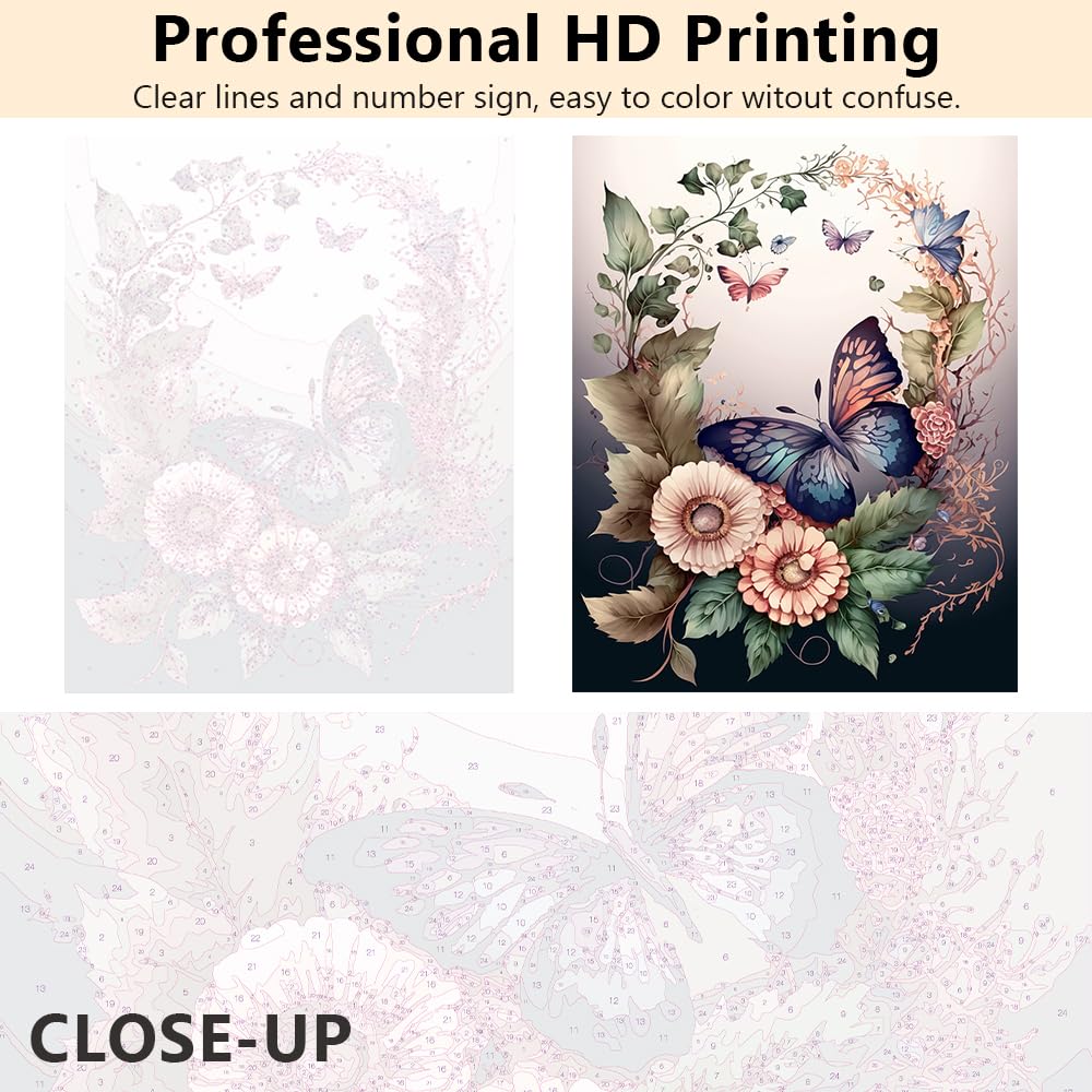 TISHIRON Peinture Par Numéros – Papillon Éclaboussures Colorées – Toile 40,6 X 50,8 Cm – Pinceaux Inclus – Débutant, Adulte – Décoration Murale