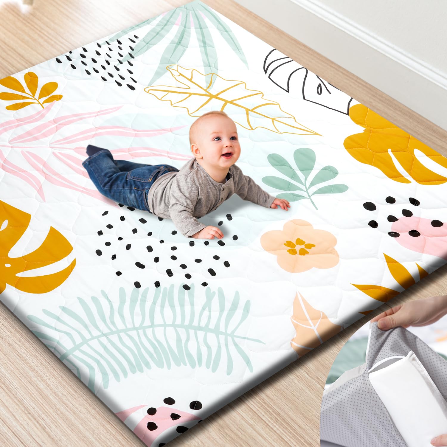 Premium Foam Baby Play Mat 50x50 – Removable & Machine Washable Cover, Extra Thick Padding Playpen Mat, Non-Slip Crawling Mat, Easy to Clean for Infants, Toddlers & Babies Boho Botanica 50" x 50"