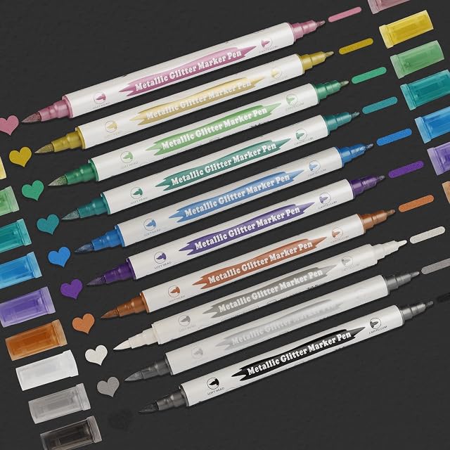 Dual Tip Metallic Pens,ABEIER 10 Colors Metallic Markers Pens(Fine Point &Brush Tip)for Christmas Gifts,Water Based Safe Scrapbook Markers for Black Paper,Rock,Ceramic,Card Making and Glass