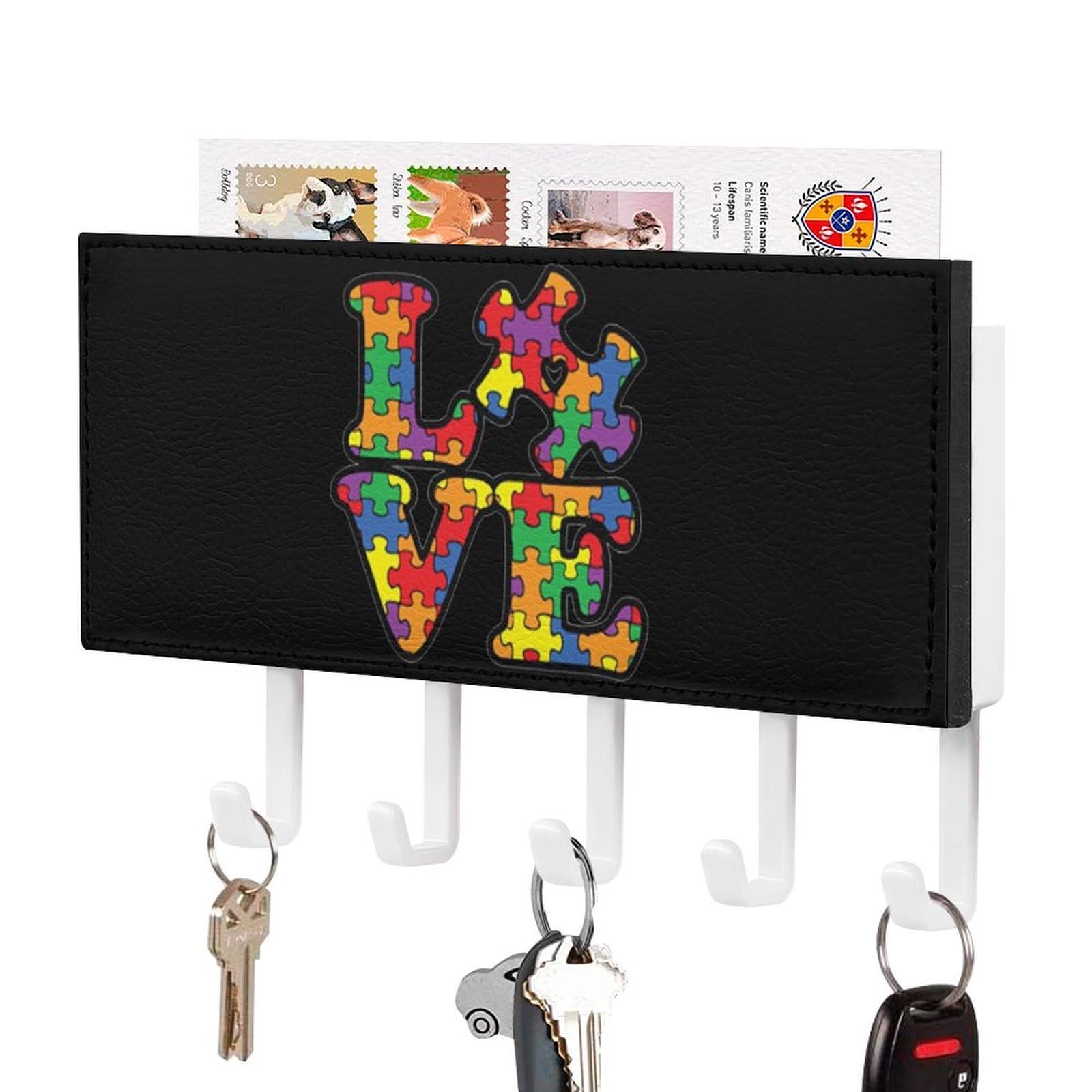 NCLQVJXZKHW Love Autism Awareness Puzzle Key Holder with 5 Hooks Key Hooks Wall Mounted Key Racks Key Hanger Organiser Shelf