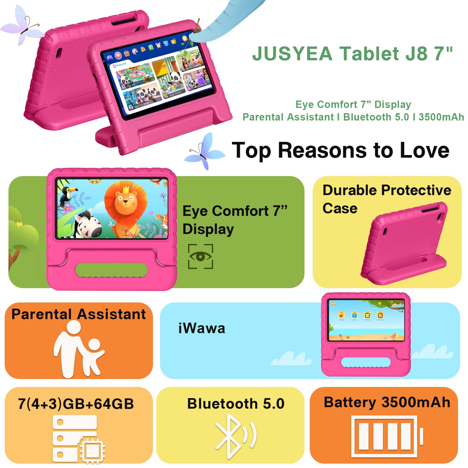 Dghrti Tablet 7 Pollici Android, Quad-core, 7GB +64GB (TF 512GB), Controllo Parentale, 3500mAH, BT 5.0, 5+8MP, Tablets con EVA Custodia Protettiva Resistente Agli Urti,Rosa