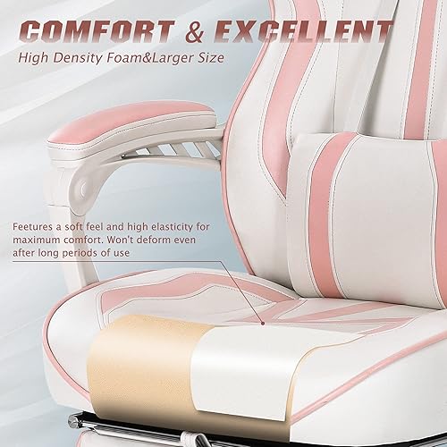 Miniatura 7 de Vonesse Silla de juegos rosa para niñas, silla de computadora reclinable estilo carreras con reposapiés de oficina, silla ergonómica giratoria de