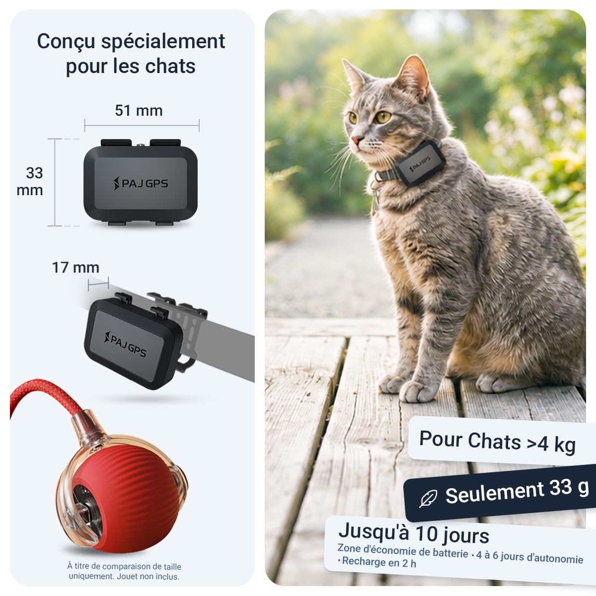 PAJ Traceur GPS 4G Chat Mini + Collier, 3 Mois Abonnement Inclus | Alerte de fugue - Suivi en temps réel - Montage facile et sécurisé - 100% étanche - Adapté chats & chatons