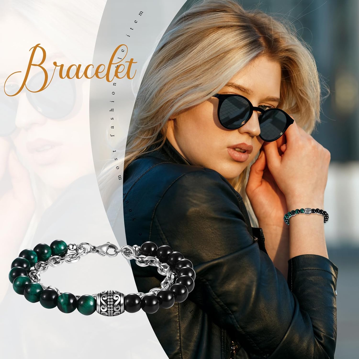 Tiger Eye Beaded Bracelet for Men: Cross Skull Celtic Knot Black Agate Stone Natural Beads Stretch Link Chain Bracelet Valentines Halloween Jewelry - Image 3