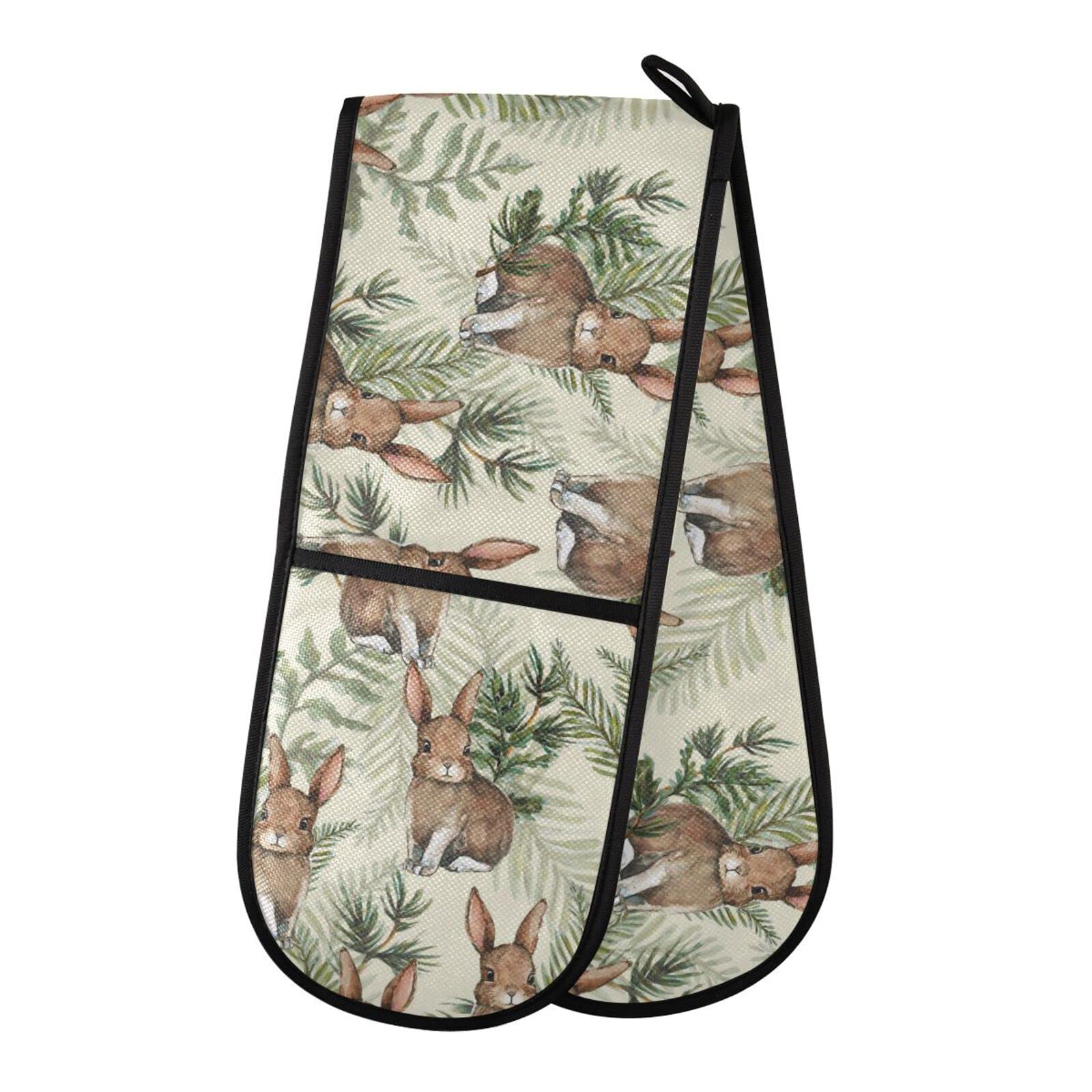Youjuner Colour 38 Double Oven Glove Vintage Rabbit Hare Pattern Heat Resistant Double Ovens Mitt Modern Cooking Gloves Potholders