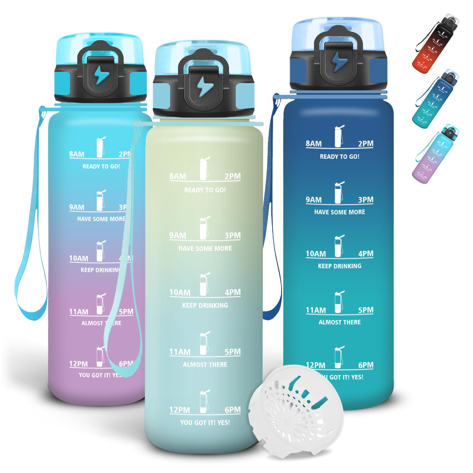 Grsta Wasserflasche 1l, Trinkflasche mit Filter und Schnürung, Auslaufsichere Trinkflasche Sport, Sichere Verriegelung, Mit Zeitmarkierung, Flasche für Camping, Joggen, Yoga